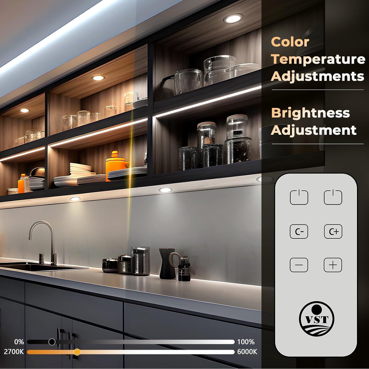 VST Under Cabinet Mini Panel Lighting 3.94inch 12V 2.5W(Total 15W) with Wireless Dimmer Switch, Surface Mount Puck Light for Kitchen Van Truck Car Galley Downlight 6Pack(Round 2700K-6500K)