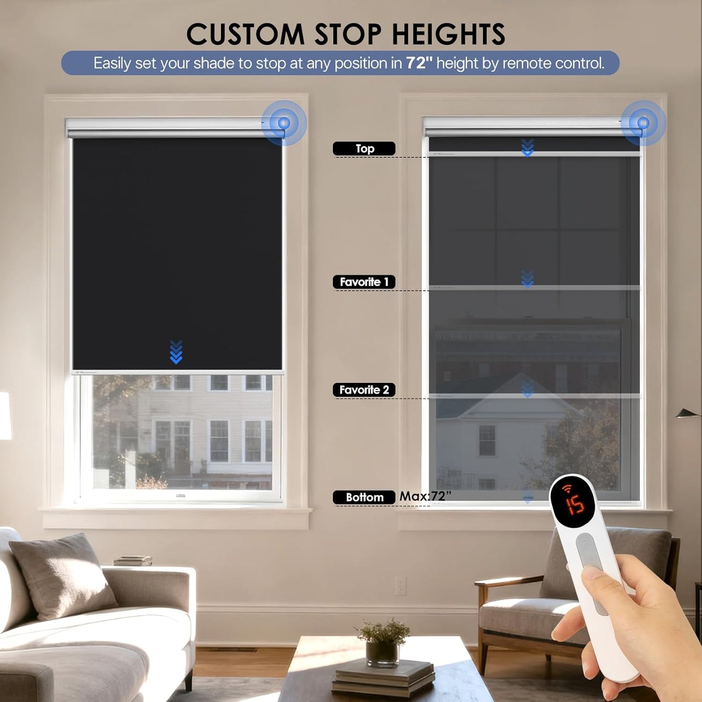 Motorized Roller Blinds with Remote Control & Solar Panel - 100% Blackout Smart Blinds, Automatic, Cordless, Electric Shades - Compatible with Alexa - Black, 35" W x 72" H