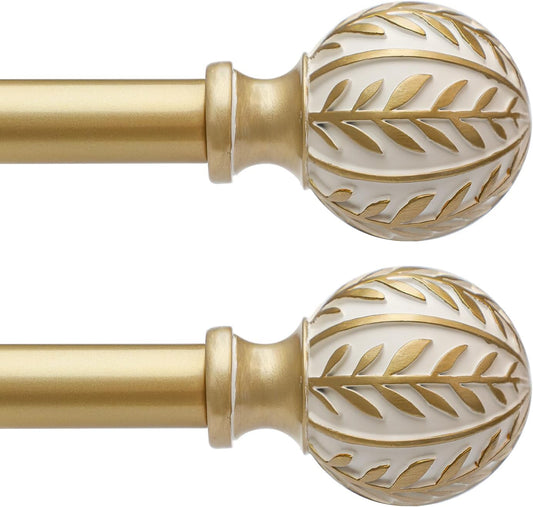 2 Pack Gold Curtain Rods for Windows 28 to 48 inch,1" Adjustable Heavy Duty Window Curtain Rod with Leaf Finials,Rustic Decorative Drapery Rods Set,Size:18-60''