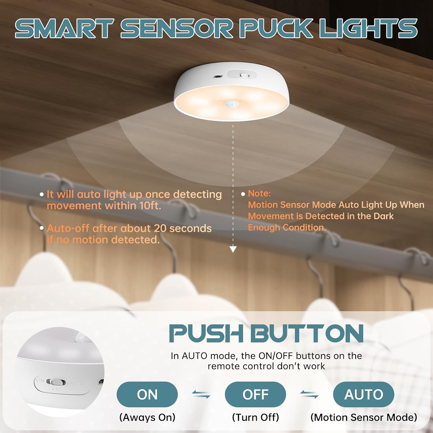 3 Colors Temperatures LED Closet Light Motion Sensor Step Light Compatible with Charging Station, USB Rechargeable Battery Operated Puck Light (1 Pack)