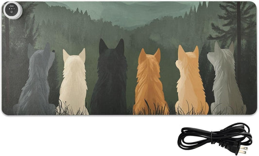 Heated Desk Pad Mouse Pad 31.5x13 Inch PU Leather Desk Mat with 3 Heat Levels Large Mouse Gaming Computer Laptop Mat Cute Wolves Back and Green Mountain