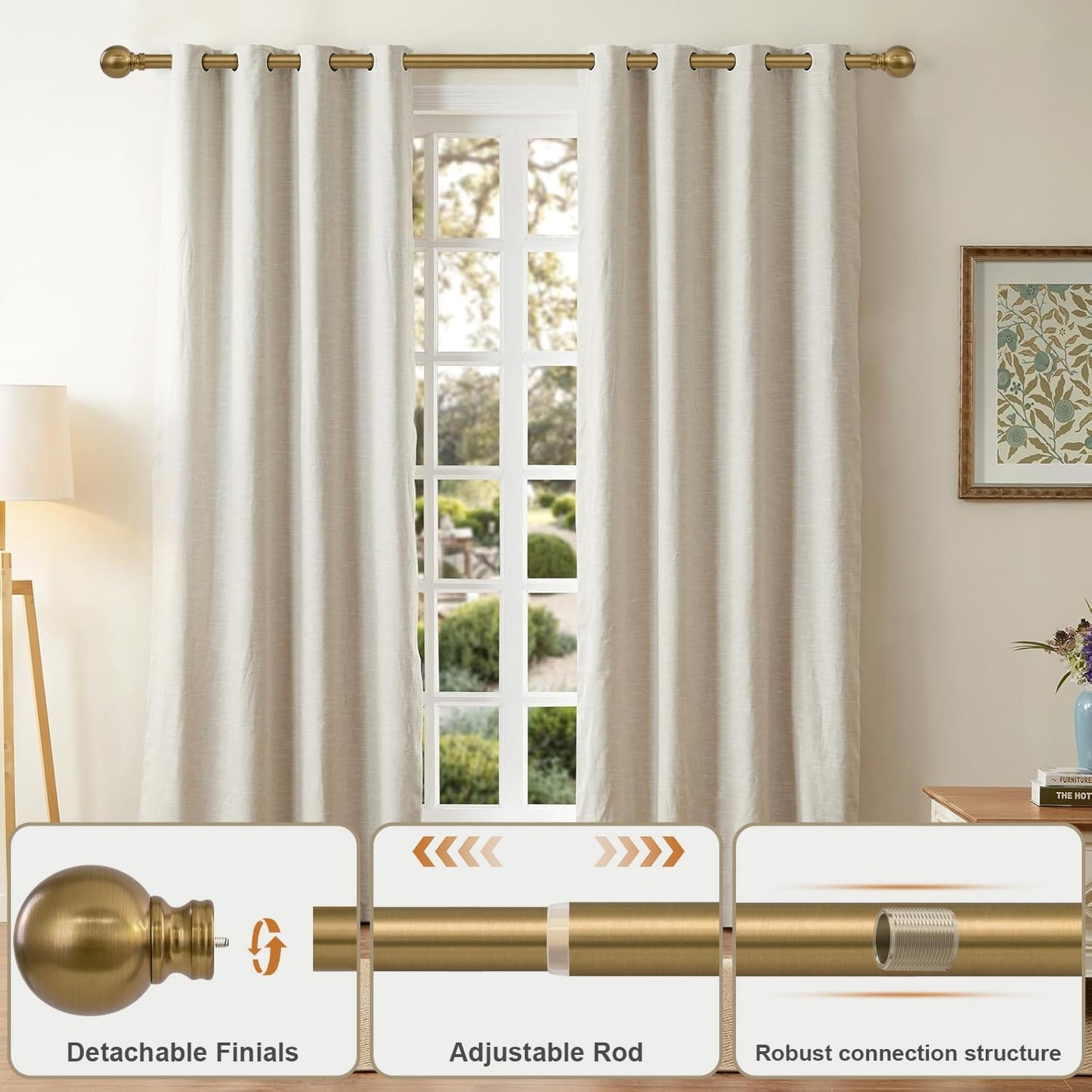 2 Pack Warm Gold Curtain Rods Set for Windows 66 to 120 Inch Brass Long Adjustable Window Curtain Rod Heavy Duty 1" Diameter with Metal Finials for Living Room Bedroom Farmhouse Kitchen Outdoor