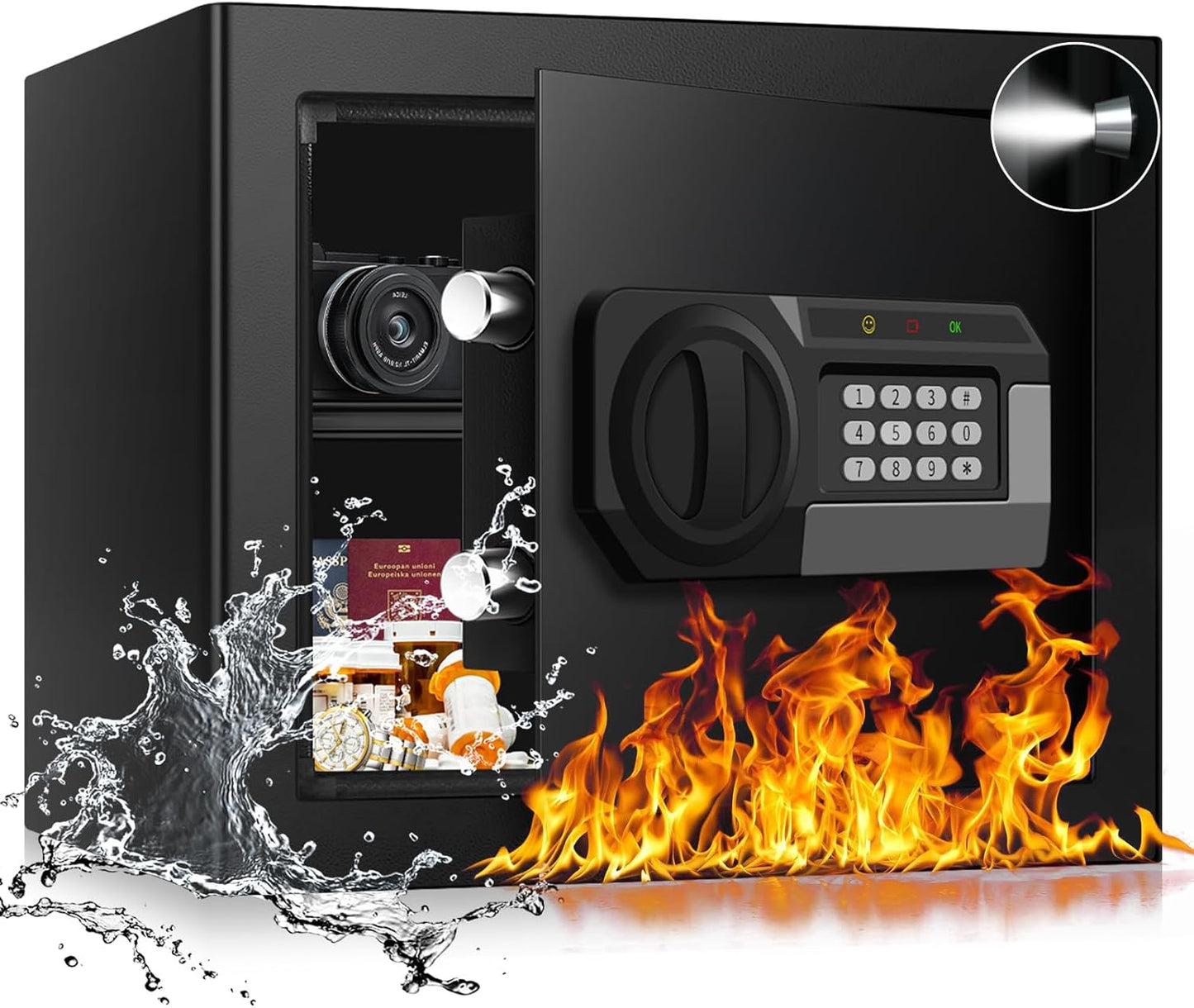 1.8 Cuft Small Fireproof Safe for Home Use, Safe Box Fireproof Waterproof with Programmable Keypad, Spare Keys and Removable Shelf, Digital Home Security Safety Box for Money Documents Medicines