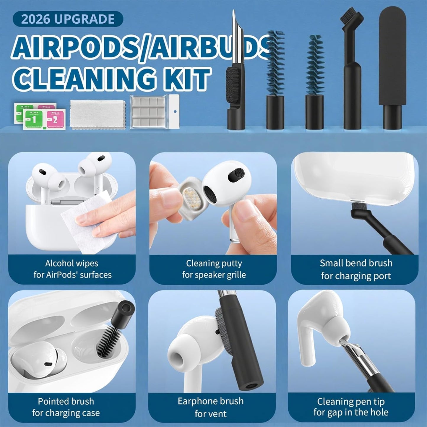 2026 Upgrade Phone Cleaning Kit 47PCS, iPhone Cleaning Kit, Airbud AirPods Cleaning Kit, Keyboard Cleaning Kit, Charging Port Cleaner for Apple Lightning/Android USB-C (Black)