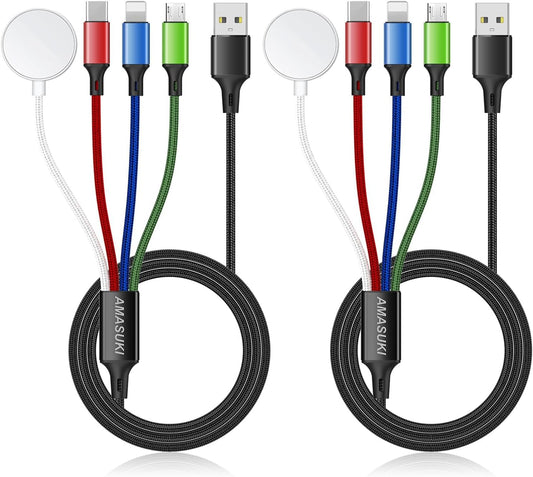 2Pack Multi Charging Cable for Apple Watch Charger 4 in 1 Travel Essentials RV Camping Essentials USB C/L/Micro Compatible with iWatch Series 11-1/iPhone 17/16/15/Android Airplane Gadgets-4FT