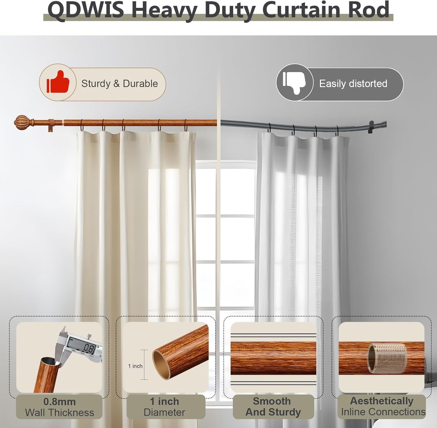 2 Pack Reddish-Brown Wood Curtain Rods for Windows 28 to 48 Inch, 1'' Adjustable Heavy Duty Curtain Rod，Vintage Imitation Wood Decorative Drapery Rods with Pumpkin Finials for Living Room