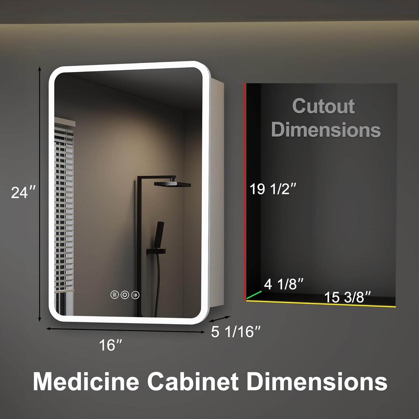 Medicine Cabinet with LED Lights and Mirror, 16 x 24 Inch Surface or Recessed Mounted Bathroom Cabinet with Door, Defogger, Memory Function, 3-Color Mode, Outlet&USB, Dimmer, Storage Shelf