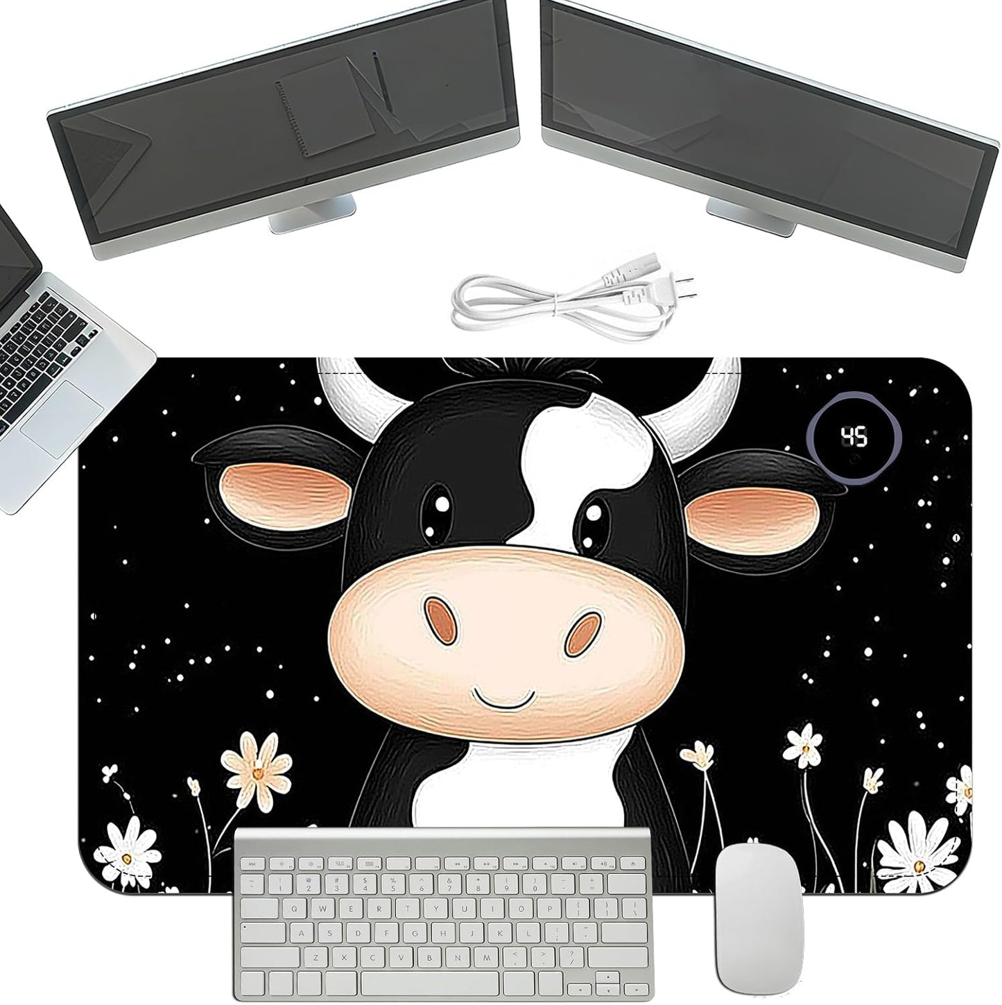 Heated Mouse Pad with 3 Temperature Settings(104°F–122°F),Large 24x14.2 Inch PU Leather Heated Desk Mat,Waterproof Warming Pad for Office,Gaming & Cold Hands Relief,Cute Black White Cow