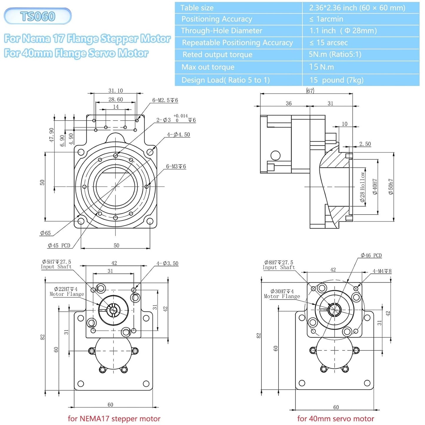 Hollow Rotating Platform Ratio 5:1 High Precision Planetary Gearbox Gear Hollow Rotary Actuator 360 Degree Electric Rotary Table for Nema17 42mm Stepper 40mm Servo Motor CNC Robot Arm
