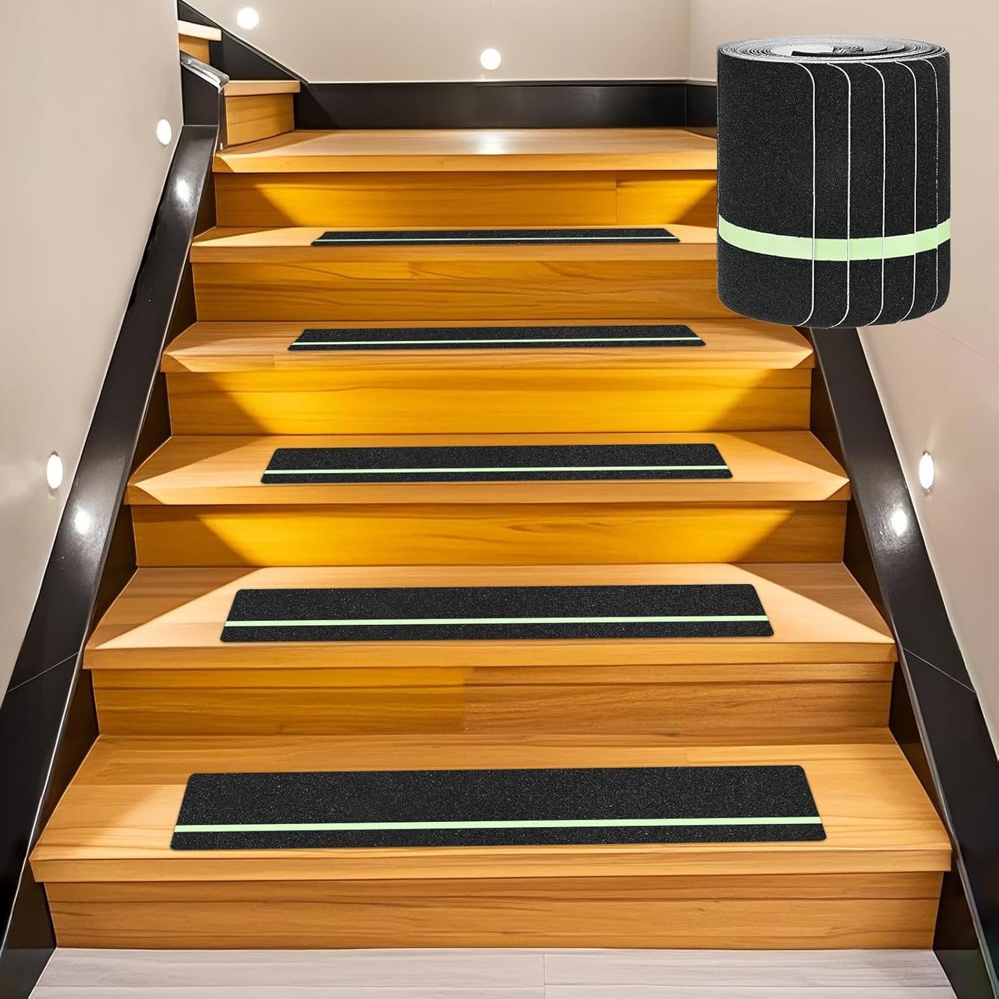 10-Pack Anti Slip Traction Tape 24" x 6" Best Grip Tape Grit with 12mm/0.47" Glow in Dark Stripe High Traction Friction Abrasive Adhesive for Indoor/Outdoor Stairs[Black+Green]