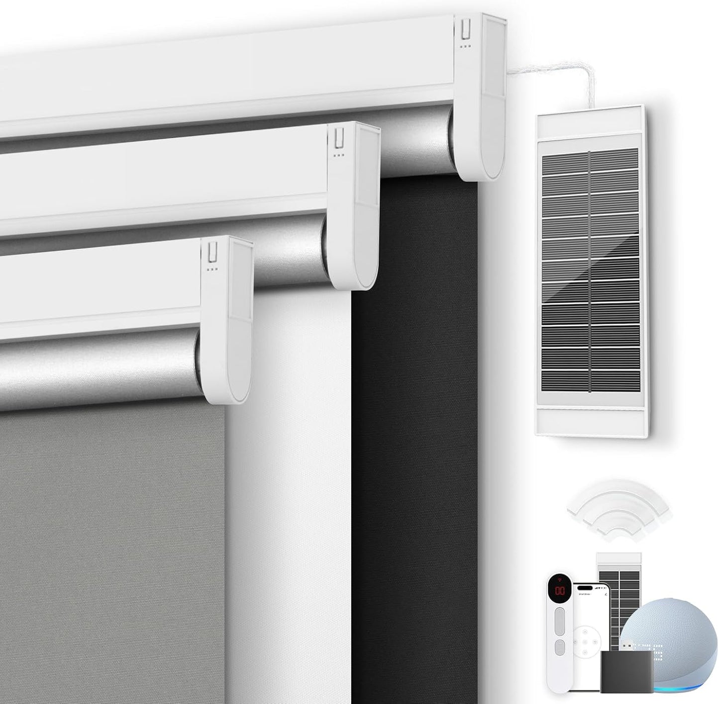 Motorized Blackout Smart Roller Blinds with Remote Control & Solar Panel - Automatic Electric Shades for Windows, Compatible with Alexa - White,30" W*72" H