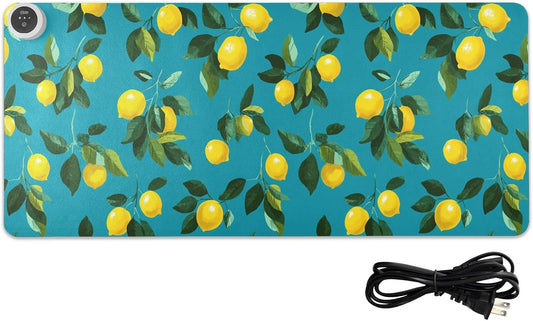 Heated Desk Pad Mouse Pad 31.5x13 Inch PU Leather Desk Mat with 3 Heat Levels Large Mouse Gaming Computer Laptop Mat Teal Lemons