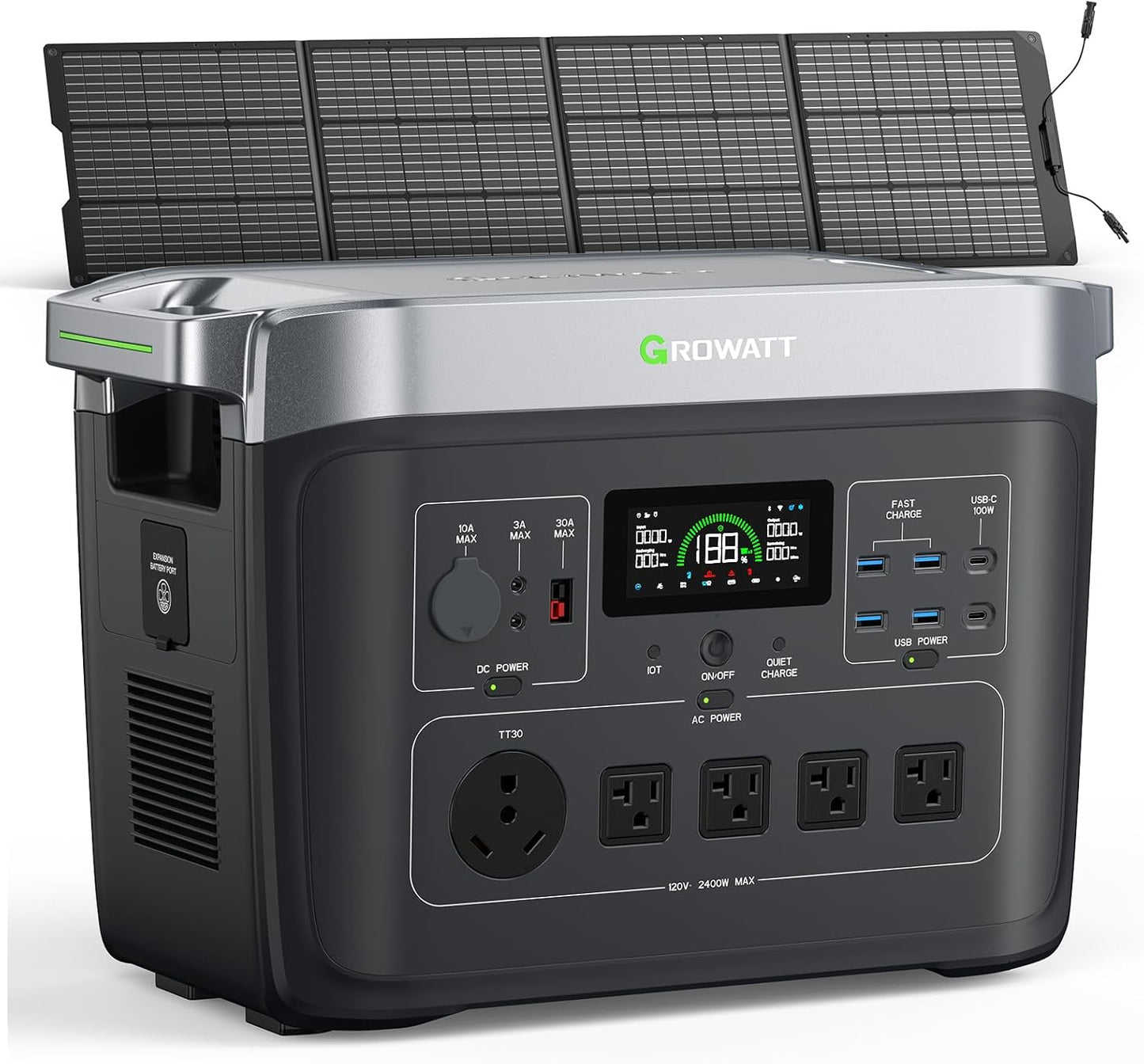 GROWATT Portable Power Station with 200W Solar Panel，Black Infinity 2000 Electric Solar Generator，2048Wh LifePO4 Battery, 2200W AC Output for Home Use, Outdoor Camping, RVs and Emergency Backup