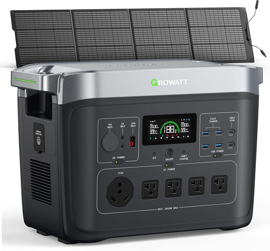 GROWATT Portable Power Station with 200W Solar Panel，Black Infinity 2000 Electric Solar Generator，2048Wh LifePO4 Battery, 2200W AC Output for Home Use, Outdoor Camping, RVs and Emergency Backup