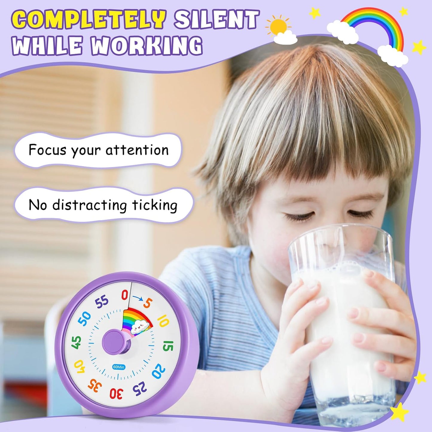 HIPPIH Visual Timer for Kids, 60 Minute Countdown Timers for Classroom Kitchen Office, Rainbow Disk Desk Timer Clock with Silent Operation, Pomodoro Timer Time Management Tools for Toddler ADHD Purple