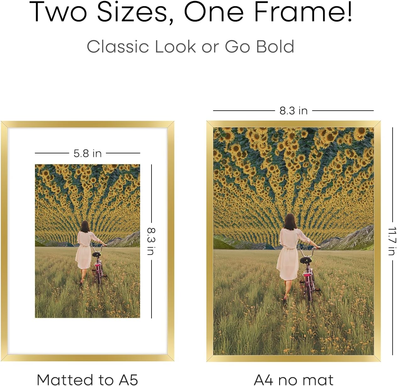 Homeforia A4 Gold Picture Frame, High End Metal 8.3 x 11.7 Frames for Wall or Tabletop, Gold A4 Certificate Frame with Mat A5, 8.3x11.7 Frames Matted to 5.8x8.3 Art, Tempered Glass, Wall Kit, Set of 2