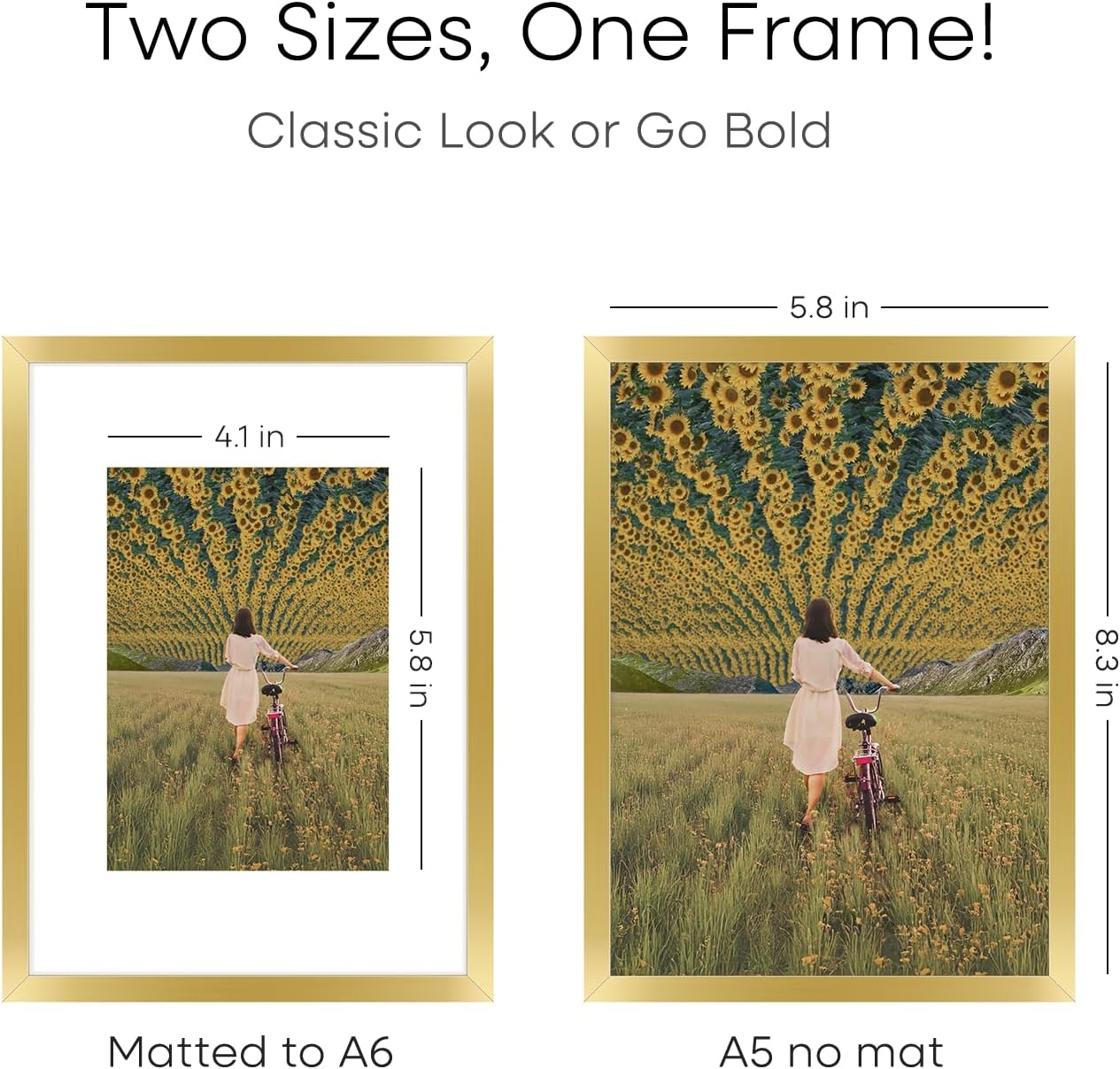 Homeforia A5 Picture Frame Gold, High End Metal 5.8 x 8.3 Frames Matted to 4.1 by 5.8 inch Photo, A5 Frame with Mat A6, 5.8x8.3 Poster Frames, 8.3x5.8 Display Frame, Tempered Glass, Wall Kit, Set of 2