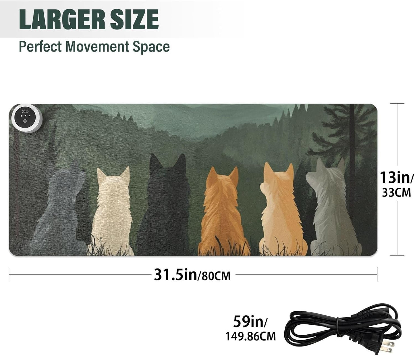 Heated Desk Pad Mouse Pad 31.5x13 Inch PU Leather Desk Mat with 3 Heat Levels Large Mouse Gaming Computer Laptop Mat Cute Wolves Back and Green Mountain