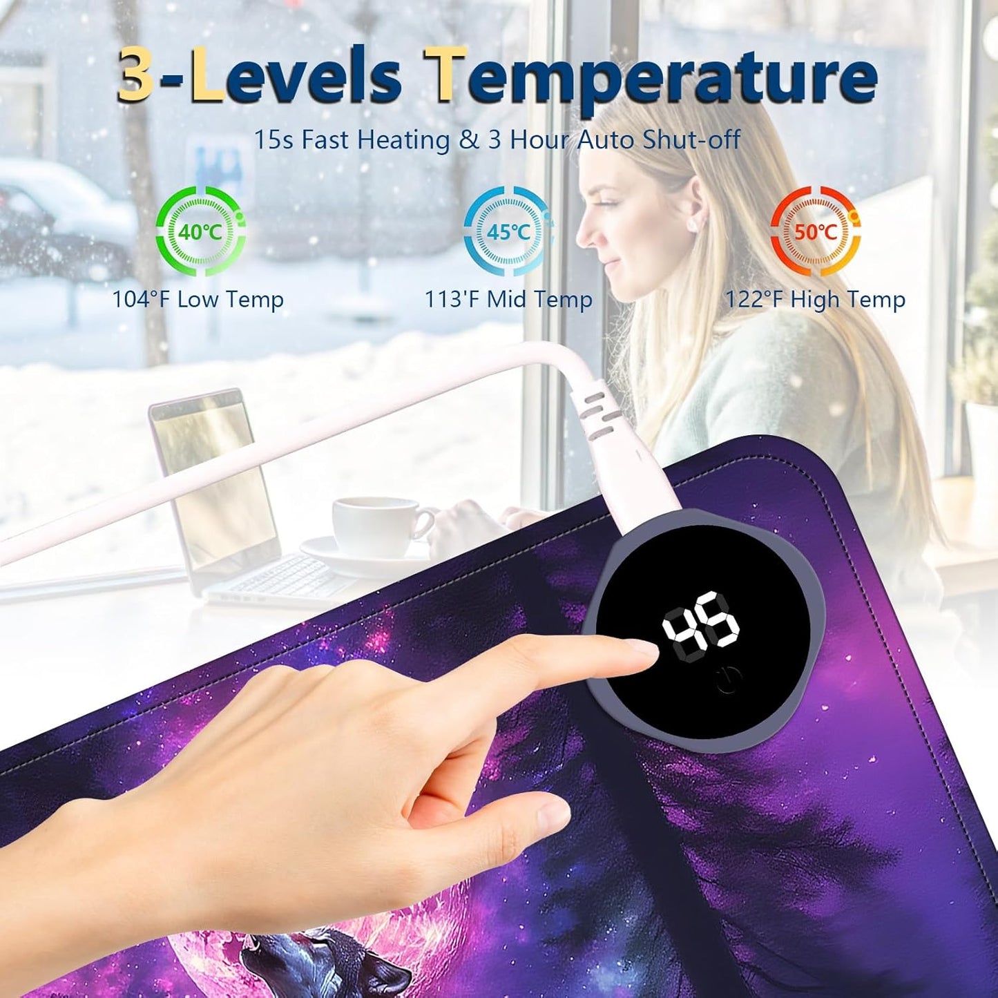 Heated Mouse Pad with 3 Temperature Settings(104°F–122°F),Large 24x14.2 Inch PU Leather Heated Desk Mat,Waterproof Warming Pad for Office,Gaming & Cold Hands Relief,Moon Wolf Howling