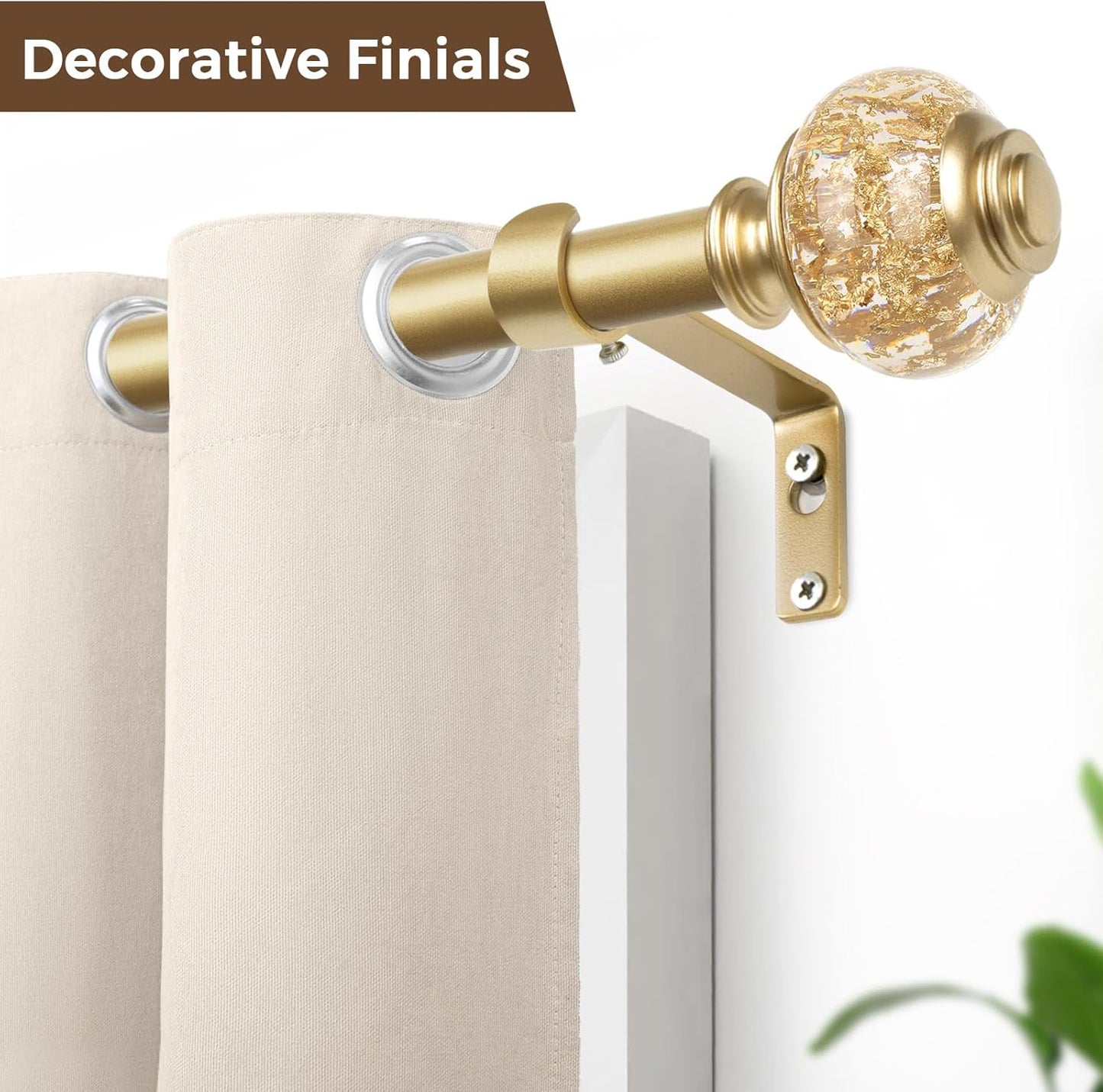 1 Inch Gold Curtain Rods for Windows 36 to 72 Inches (3 to 6 ft), USFOOK Telescoping Single Drapery Rod, Decorative Curtain Rod with Luxury Translucent Finials
