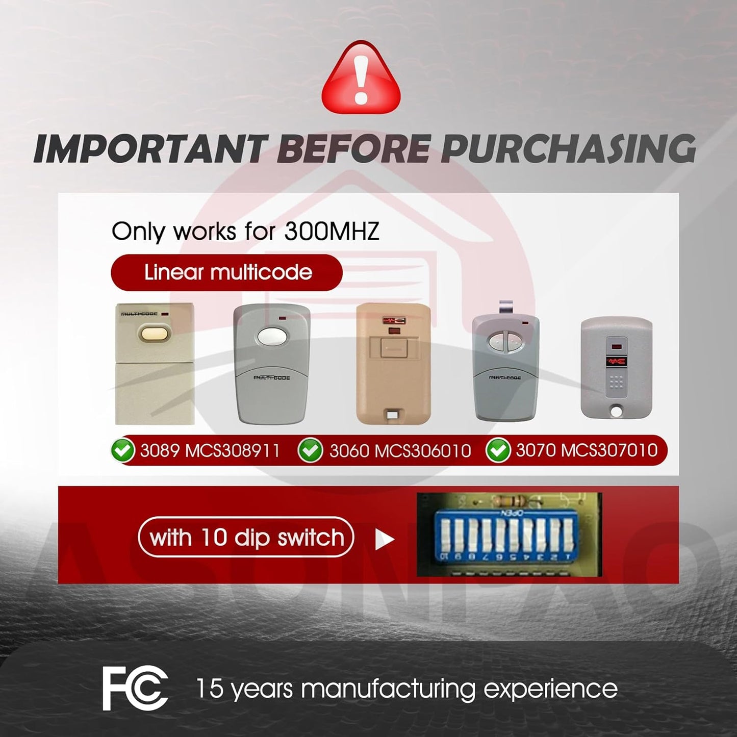 2X Multicode Linear 308911, 10 Dip Switch Gate Opener Remote 300MHz, Multi Code Garage Door Opener Remote, 3-Year-Warranty