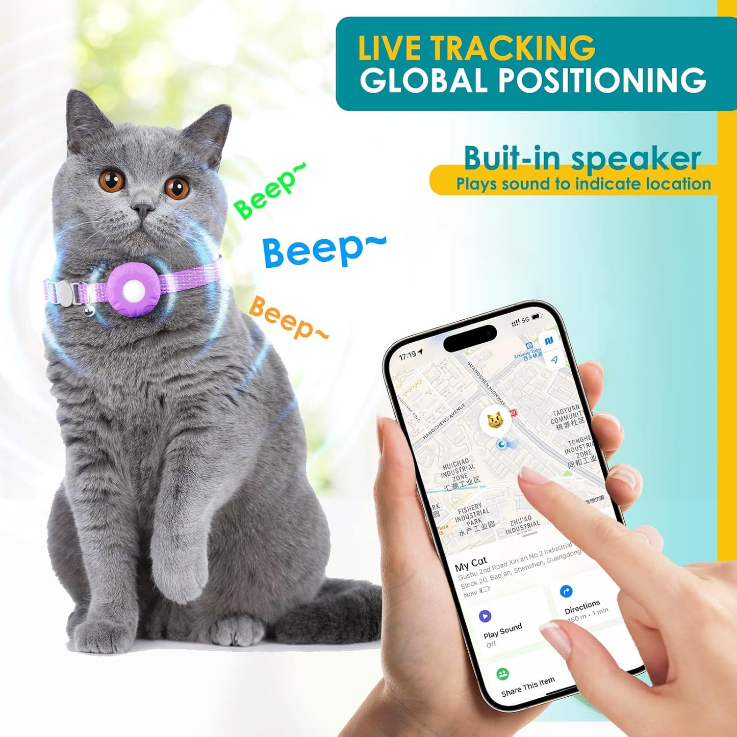 Cat GPS Tracker for Cats, Cat GPS Tracker Collar with Safety Elastic Buckle, Compatible with Apple Find My App (Only iOS), No Monthly Fee, Purple