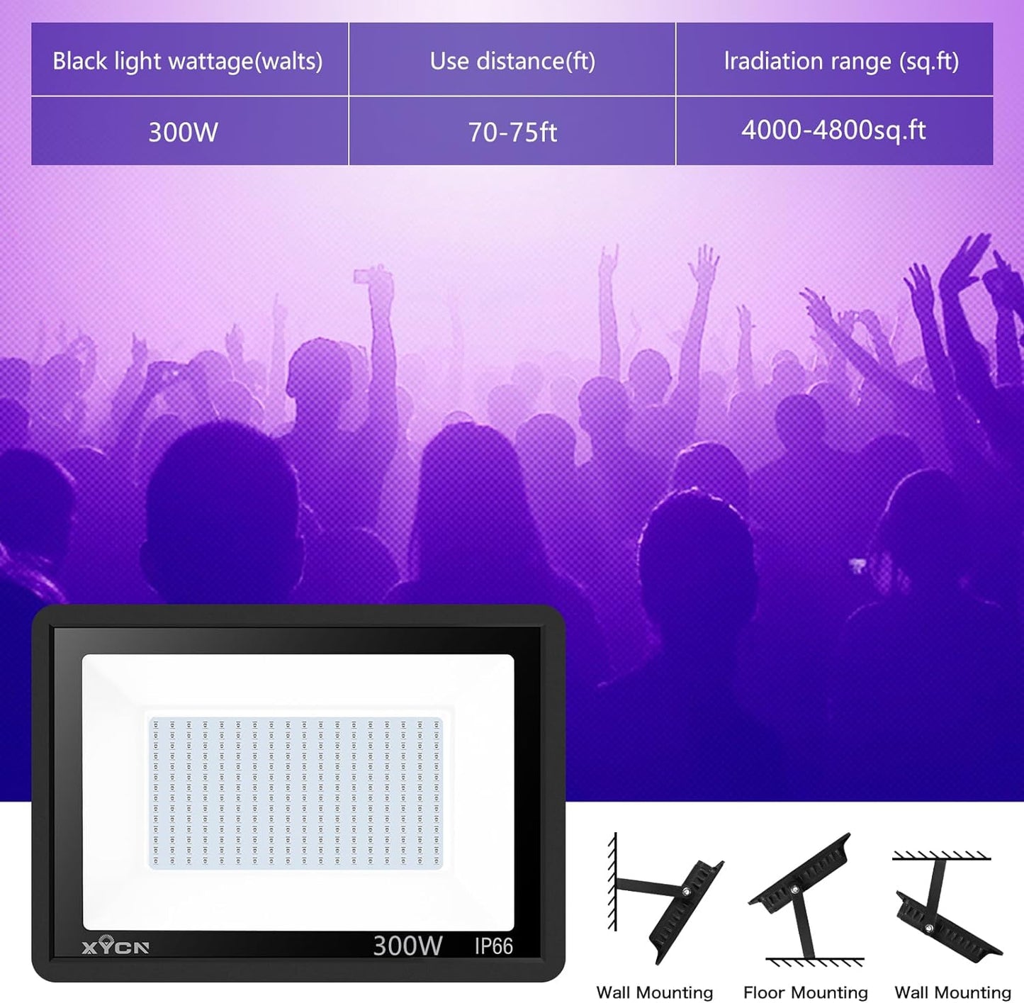 2 Pack 300W LED Black Lights Outdoor, Flood Blacklight Light with Plug, 395nm to 410nm IP66 Waterproof for Dance Party, Glow in The Dark, Stage Lighting, Body Paint, Fluorescent Poster, Neon Glow