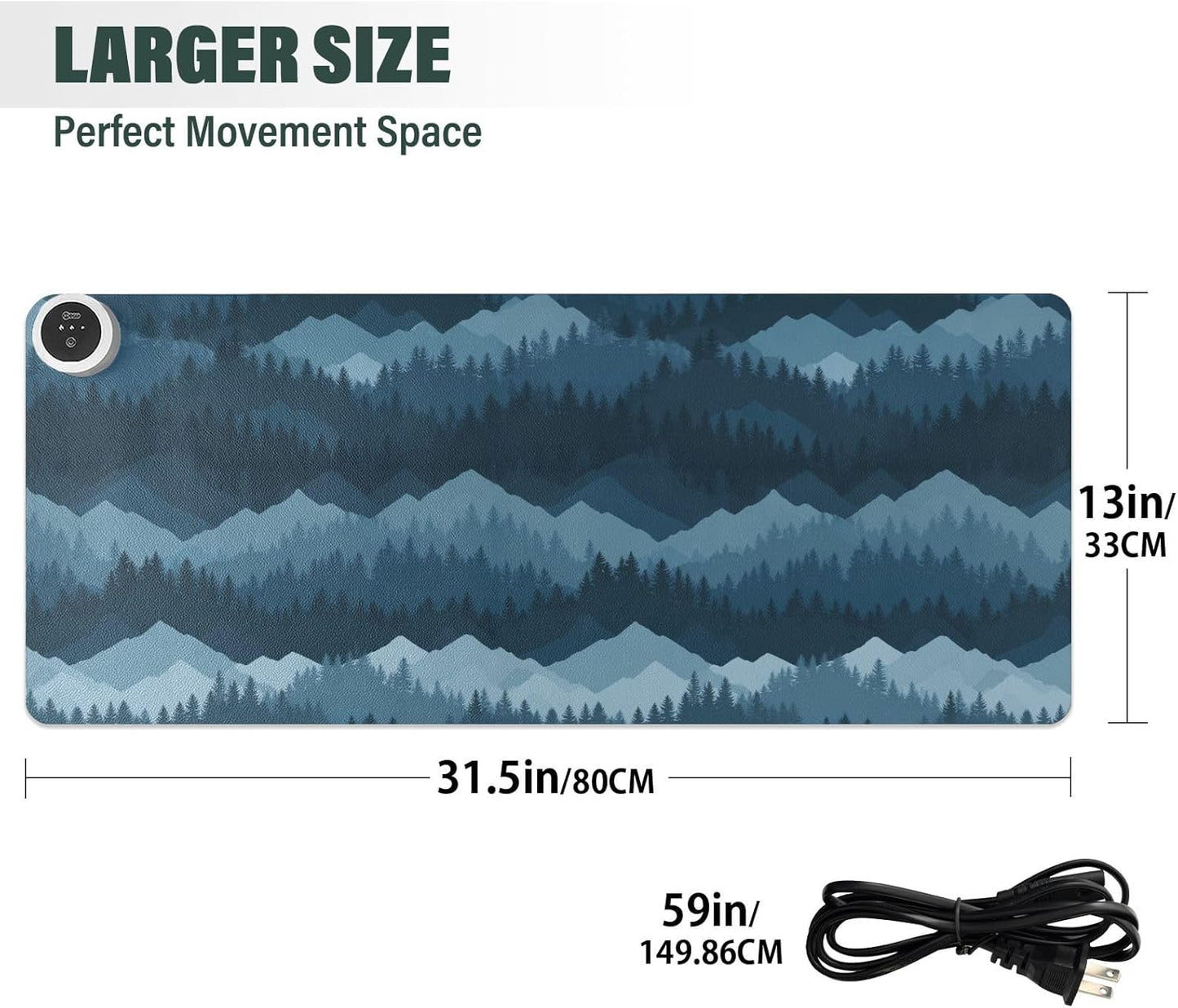 Heated Desk Pad Mouse Pad 31.5x13 Inch PU Leather Desk Mat with 3 Heat Levels Large Mouse Gaming Computer Laptop Mat Blue Mountains and Pine Trees