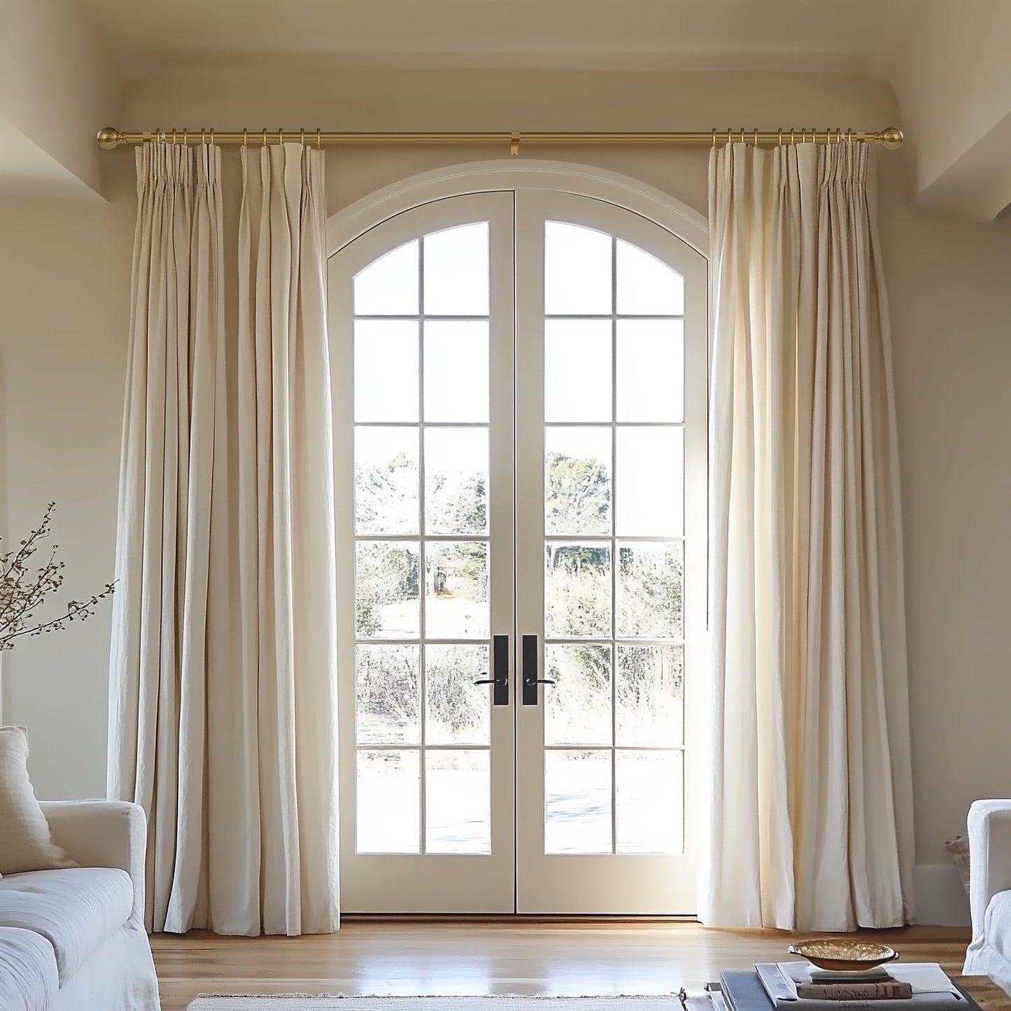2 Pack Warm Gold Curtain Rods for Windows 48 to 84 Inch 1" Diameter Adjustable Heavy Duty Brass Window Curtain Rod with Metal Finials for Living Room Bedroom Farmhouse Kitchen Outdoor