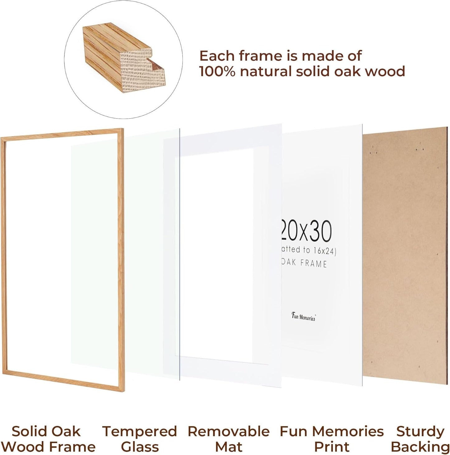 20x30 Picture Frame, Rustic Wood 20 x 30 Poster Frames for Wall, Oak Wood Picture Frames 20 by 30 with Real Glass, 20x30 Frame Matted for 16x24, Large Wooden Photo Frame 20x30 Inch, Oak Color, 1 Pack