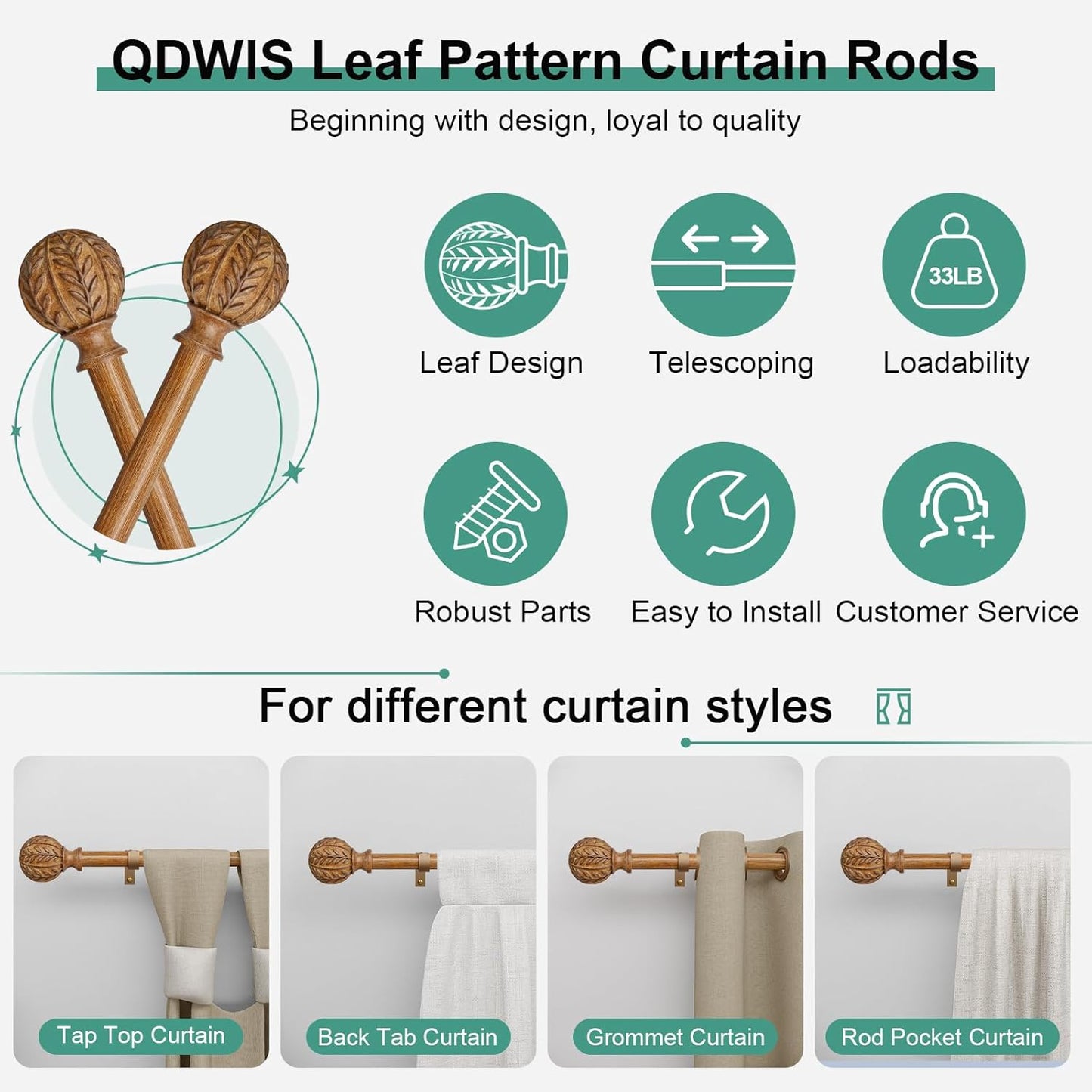 2 Pack Boho Wood Curtain Rods for Windows 48 to 84 inch,1" Adjustable Heavy Duty Window Curtain Rod with Imitation Wood Grain Finials,Rustic Decorative Drapery Rods Set 36-88'',Natural Wood