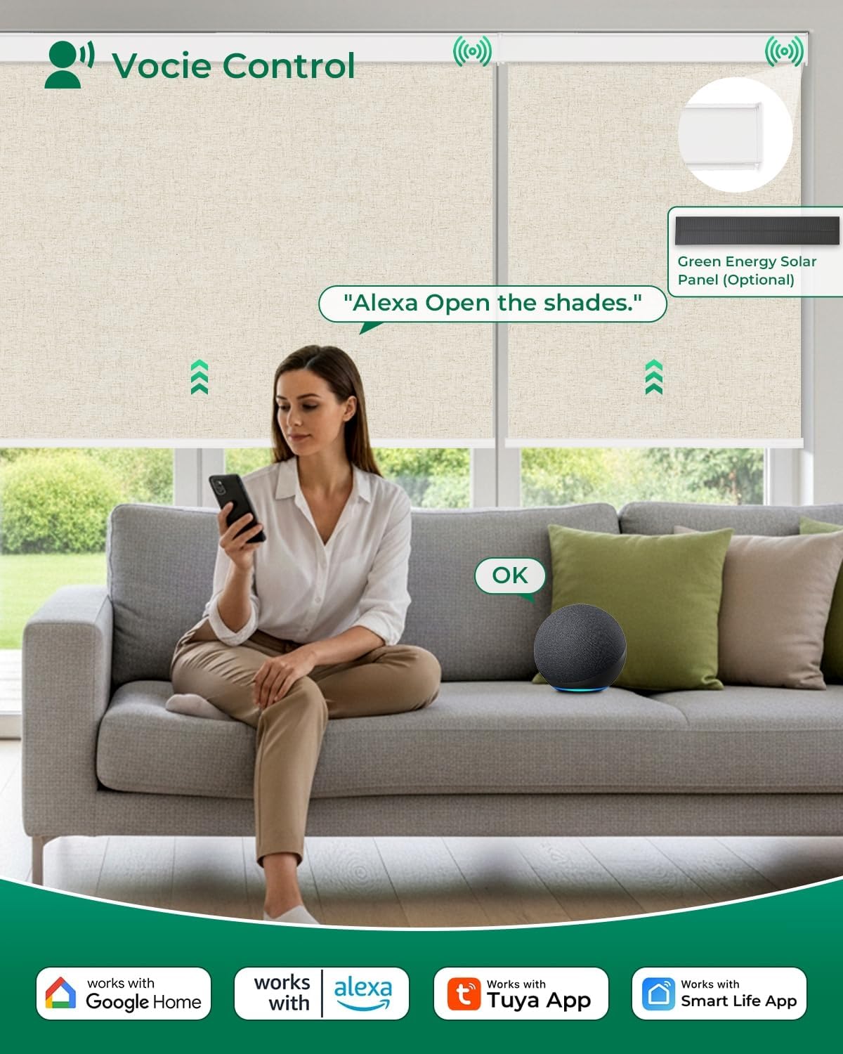 Allesin Motorized Roller Blinds – Rechargeable Smart Shades with Remote & Quiet Motor, Top/Bottom Aluminum Rails, Alexa-Compatible for Window (36" W x 72" H, 100% Blackout Sand-Linen)