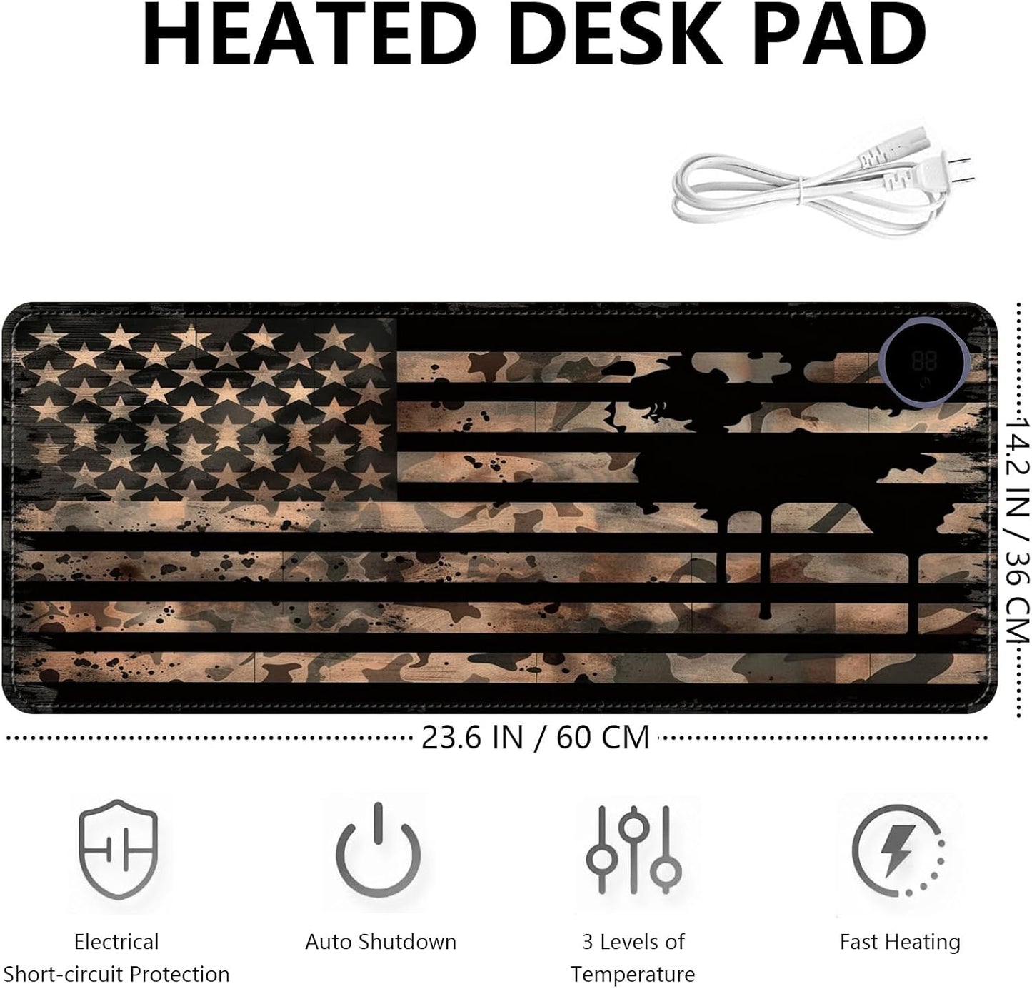 Heated Mouse Pad with 3 Levels Heated & 3 Hours Auto Shut-Off Mouse Pad for Warming Hands in Office Home, 23.6" x 14.2"Large Safe Desk Mat Hand Warmer，Vintage Flag