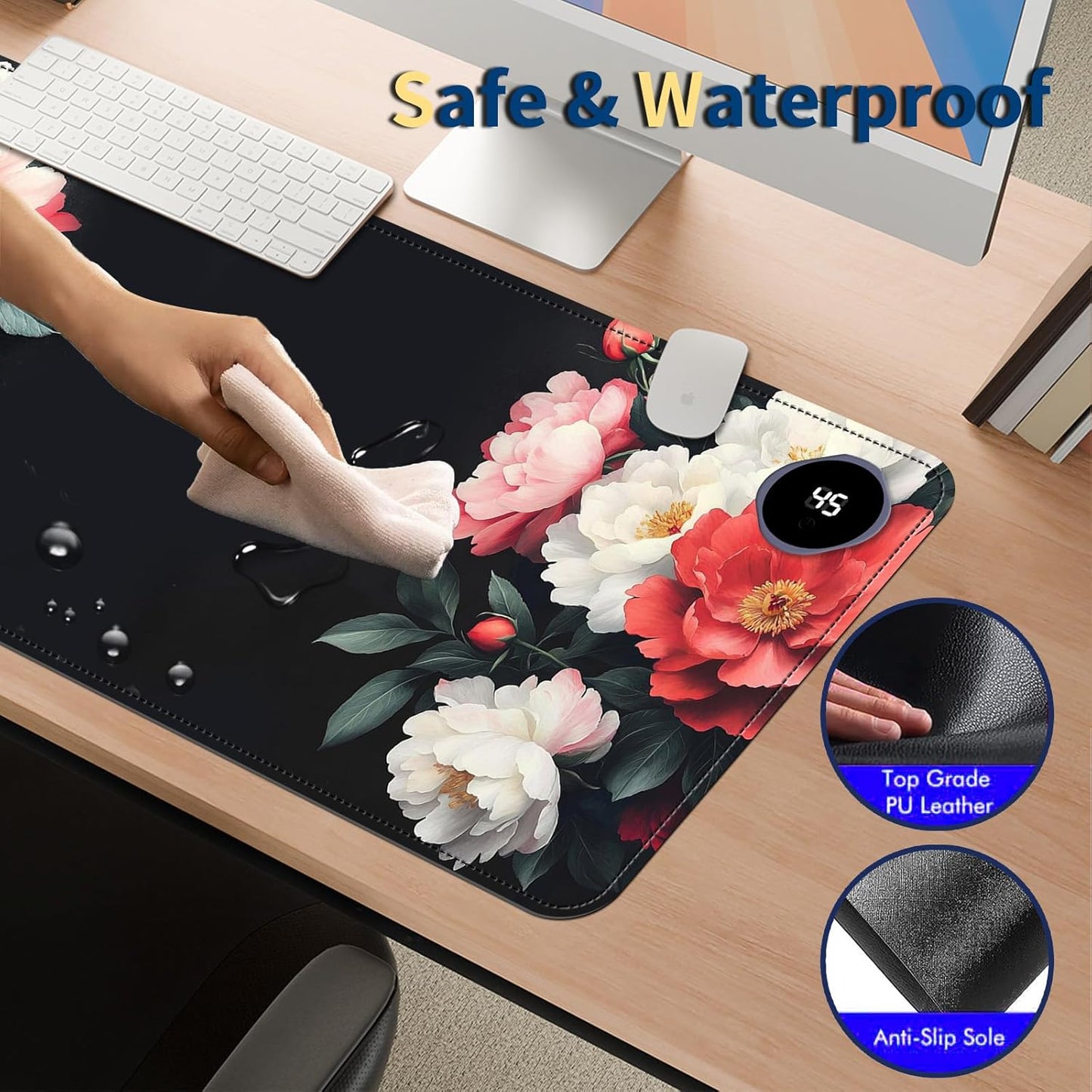 Heated Mouse Pad with 3 Temperature Settings(104°F–122°F),Large 31.5x13 Inch PU Leather Heated Desk Mat,Waterproof Warming Pad for Office,Gaming & Cold Hands Relief,Vintage Flowers