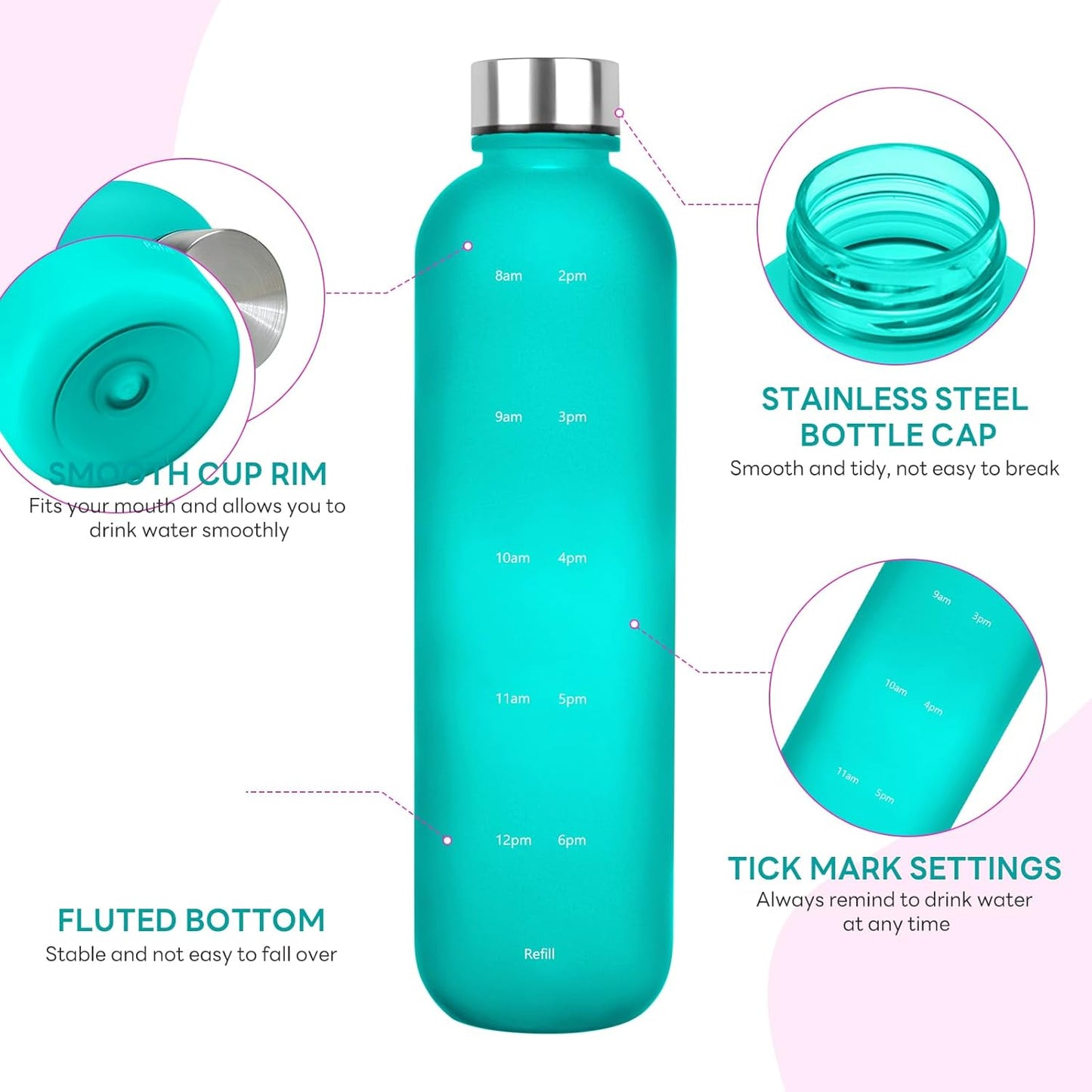 1L（33 oz） daily tracking schedule time hours reminder motivational day goals hydration capacity measured marker tracker plastic wide mouth measurements water bottle