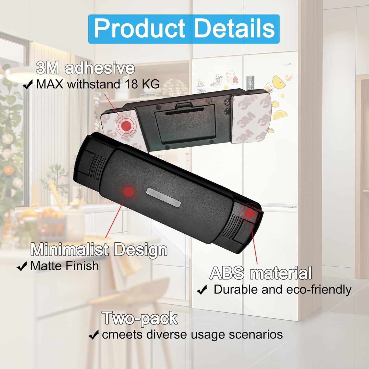 2 Pack Premium Child Safety Lock for French Fridge/Side-by-Side Refrigerator/Double Door Freezer or Cabinet, Adjustable Width & Easy to Install (Black)