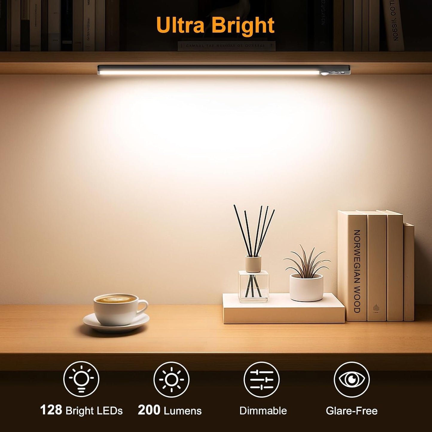 Gritin 14.7inch Under Cabinet Lighting Rechargeable - 128 LED Super Bright, 3-Color&5 Level Brightness, 4 Modes, Motion Sensor, Long Lasting-Easy Installation Magnetic Closet Lights - 2 Pack-Black