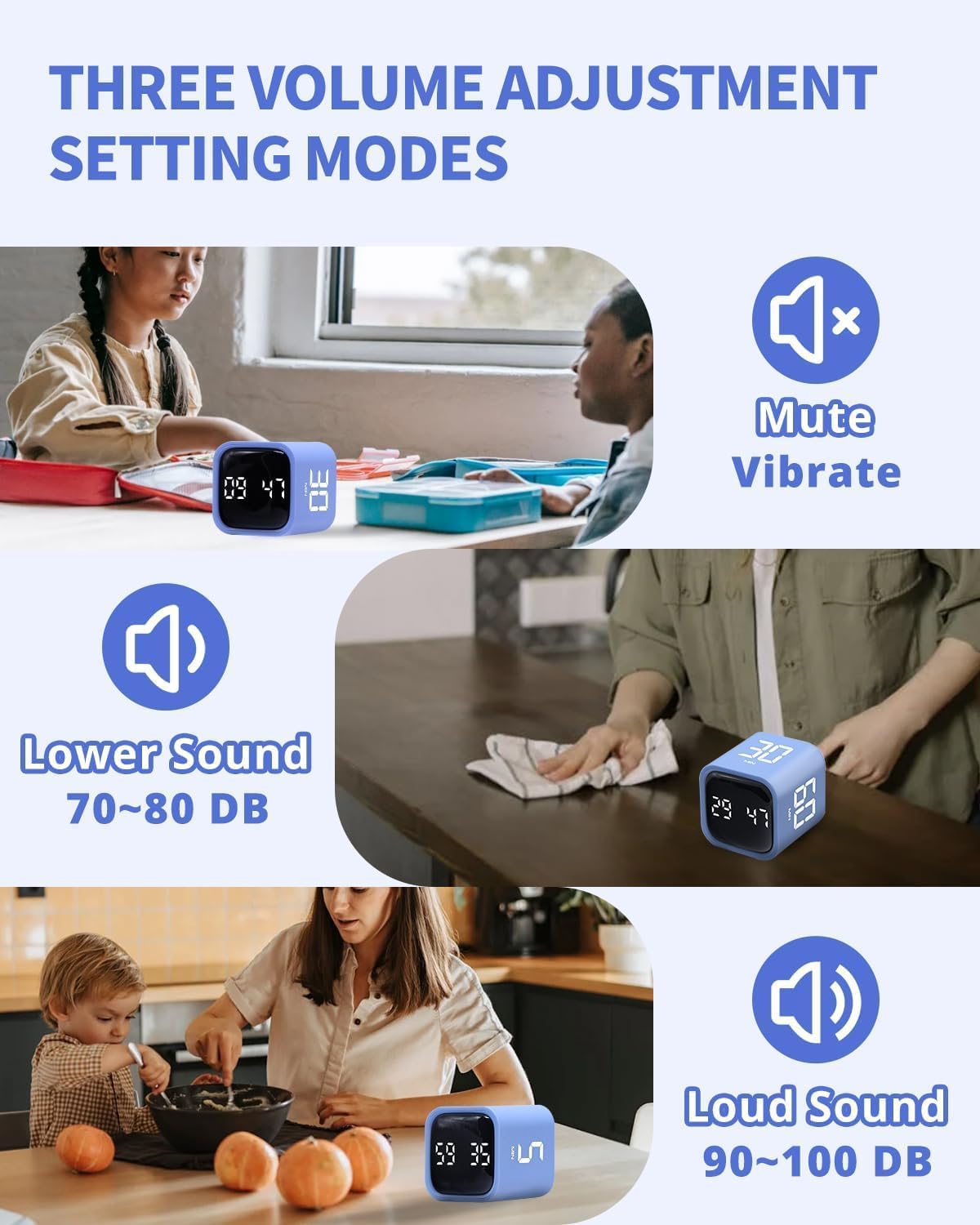 Productivity Timer Flip Gravity Sensor Cube Timer Countdown & Countup,Mute & Vibrate & Sound，5/10/30/60min & Custom Timing, Perfect for ADHD,Work,Learning,Kitchen Cooking (2 Blue)