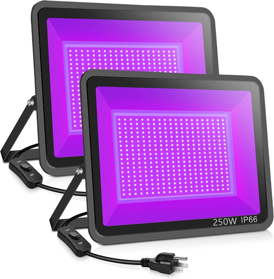 2 Pack 250W LED Flood Black Lights, Outdoor Flood Blacklight Light with Plug, IP66 Waterproof forGlow in The Dark, Dance Party, Stage Lighting, Body Paint, Fluorescent Poster, Neon Glow