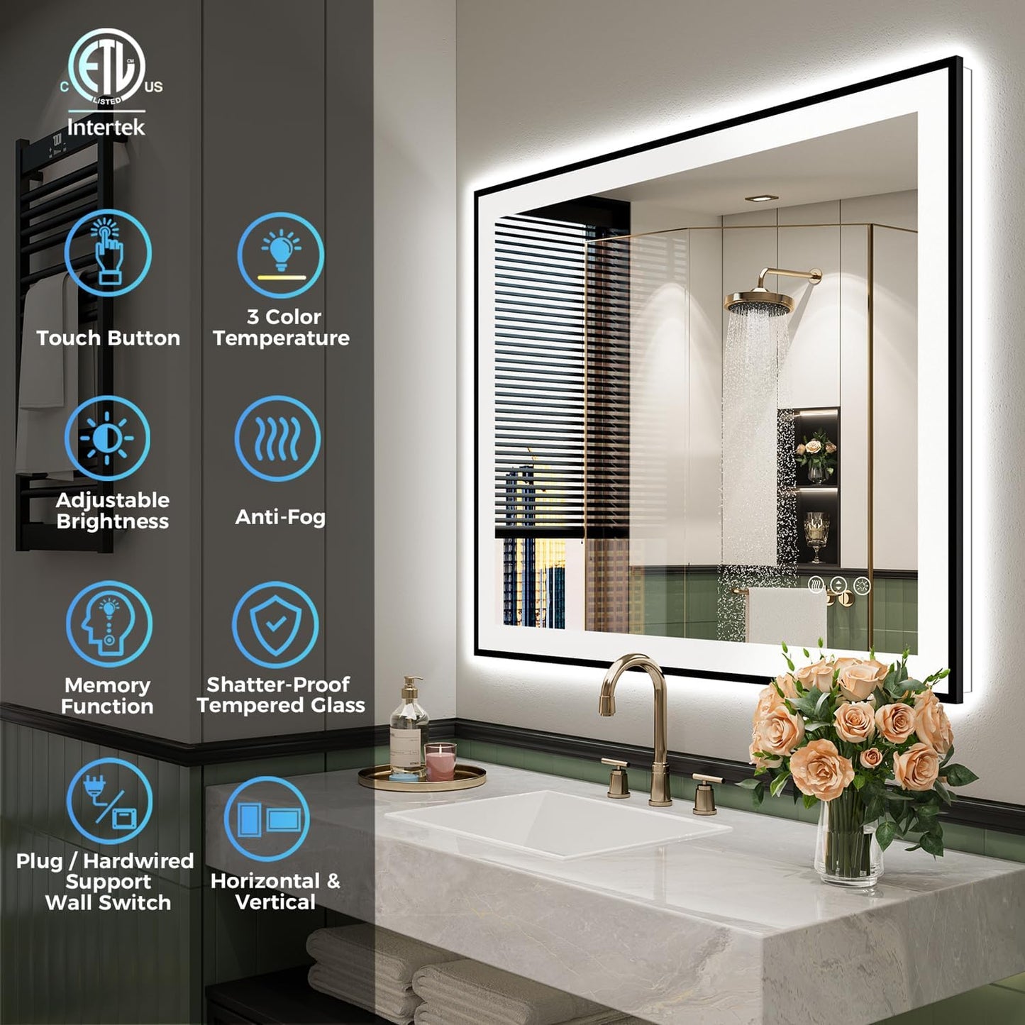 28x36 Inch LED Bathroom Mirror with Lights (Front Lit and Backlit) Black Framed Lighted Vanity Mirror for Bathroom Wall Dimmable Anti-Fog Memory Tempered Glass Horizontal/Vertical