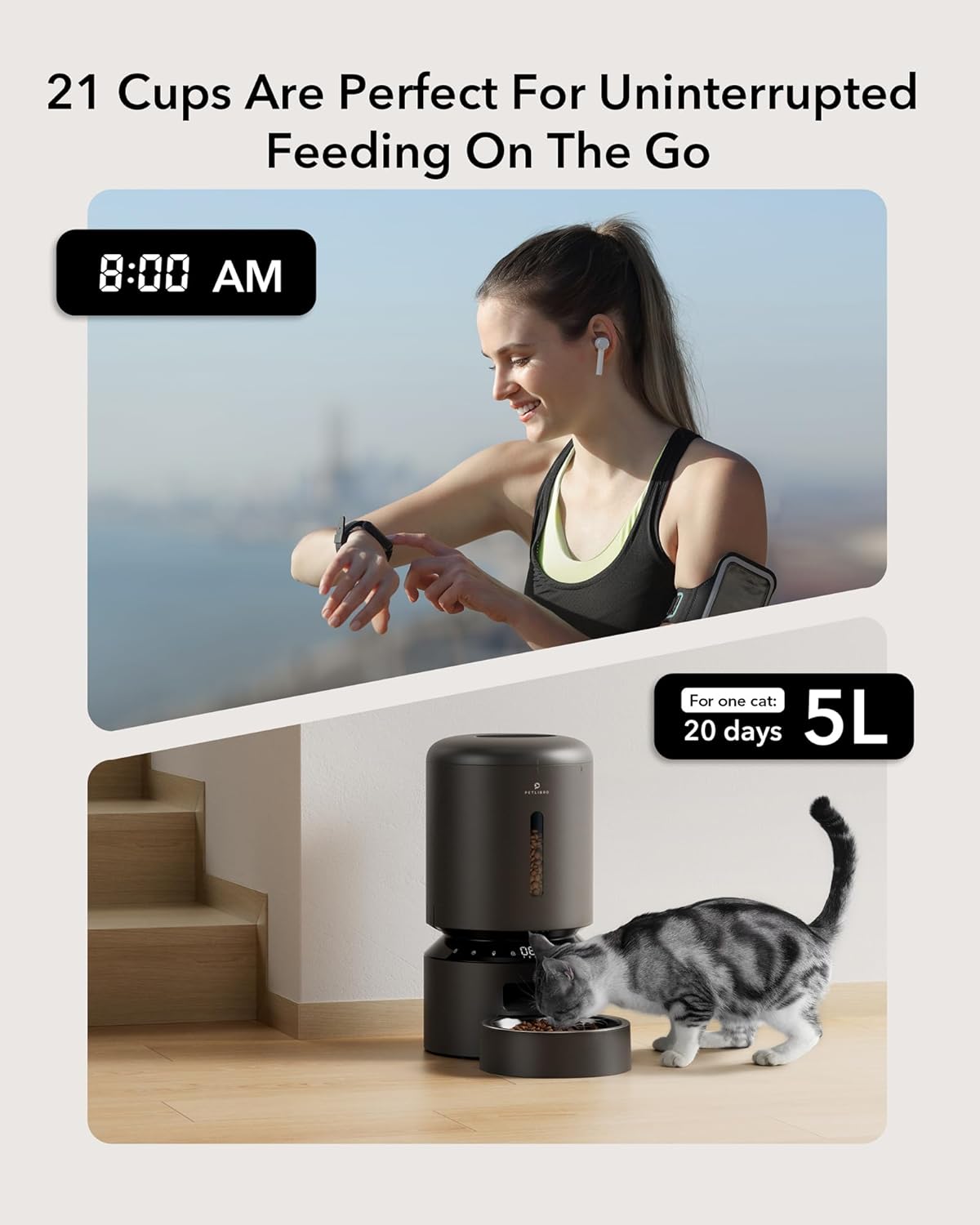 PETLIBRO Automatic Cat Feeder, Automatic Dog Food Dispenser with Freshness Preservation, 5L Timed Pet Feeders for Dry Food, Up to 6 Meals Per Day, Granary 5L Basic Button Type Black