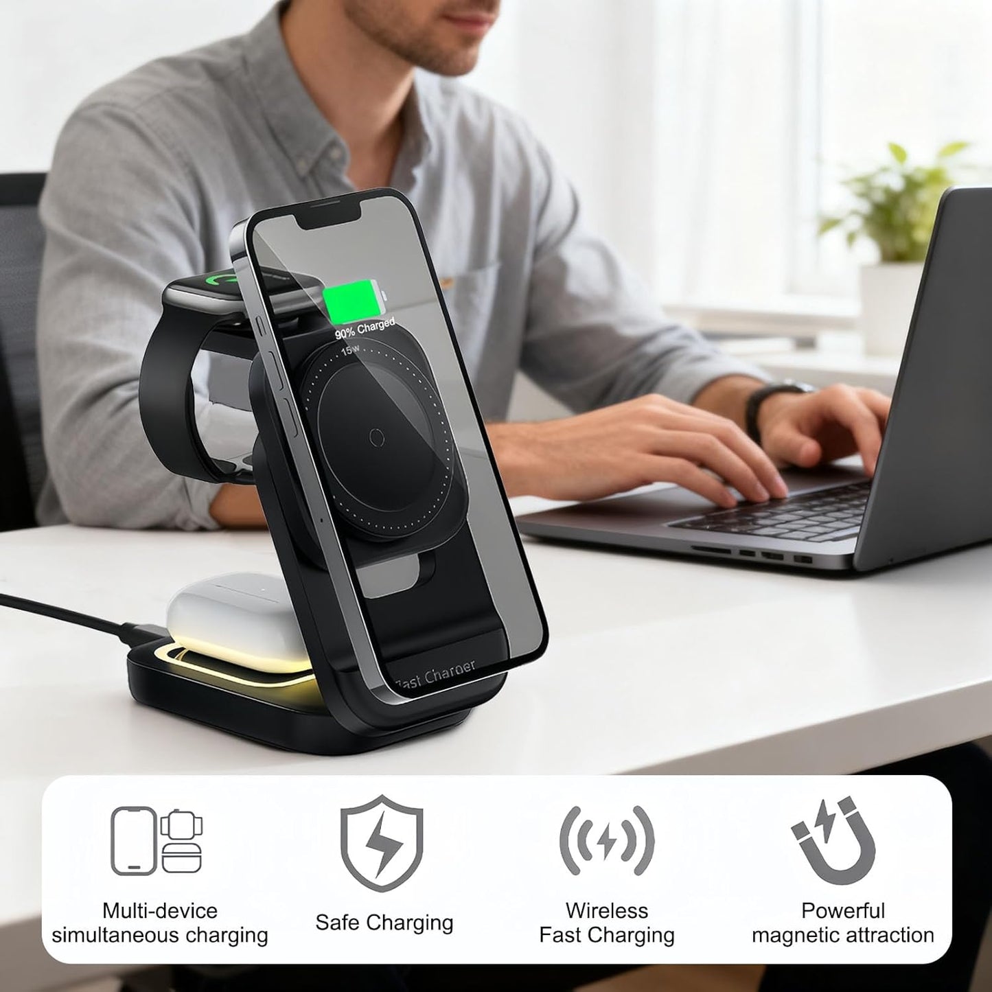 3 in 1 Charging Station for iPhone - Wireless Charger for Apple Products Multiple Devices - Charging Dock Stand for AirPods (for iPhone 17 16e 16 15 14 13 pro 12 11 X Max)