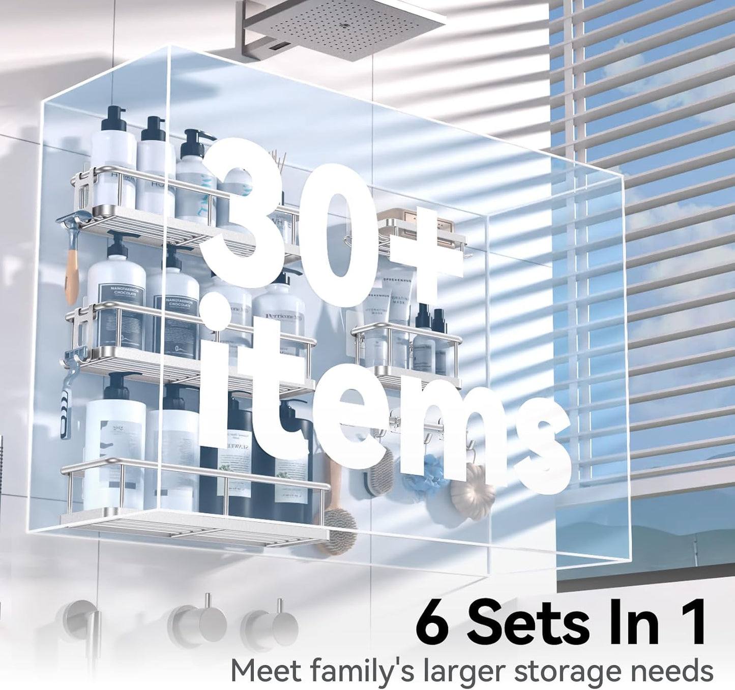 YASONIC Shower Caddy, 6 Pack Large Capacity Bath Organizer with Soap Holder and 12 Hooks, Rustproof Bathroom Shelves for Inside Shower, No Drilling&Sleek Bathroom Organizers and Storage Silver
