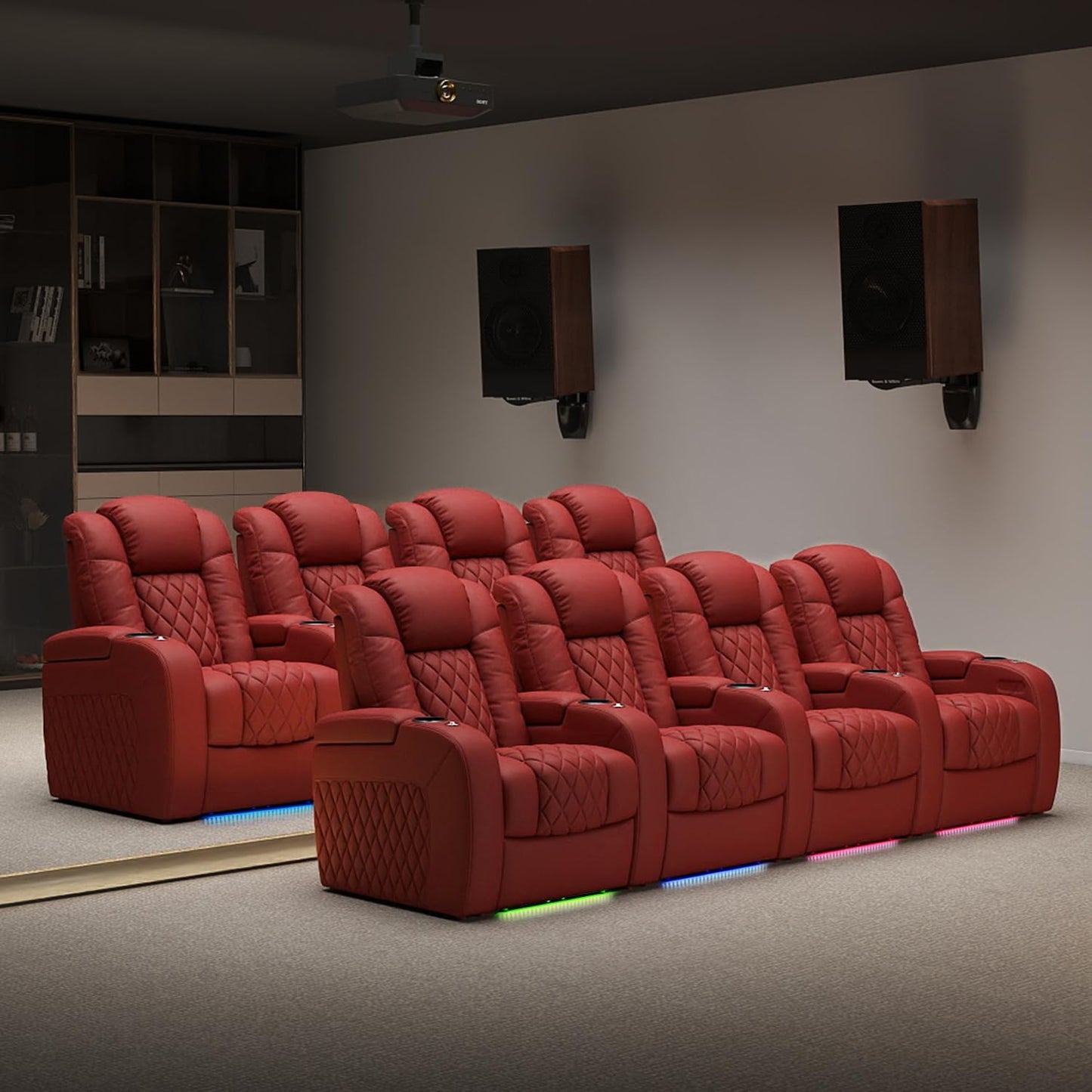 Weilianda Home Theater Seating Top Grain Leather Zero Gravity Recliner Chair Power Headrest Recline Movie Seat Gaming 7 Colors Mood Light Sofa with Tray Table USB Charge Row of 3 Loveseat Right Red