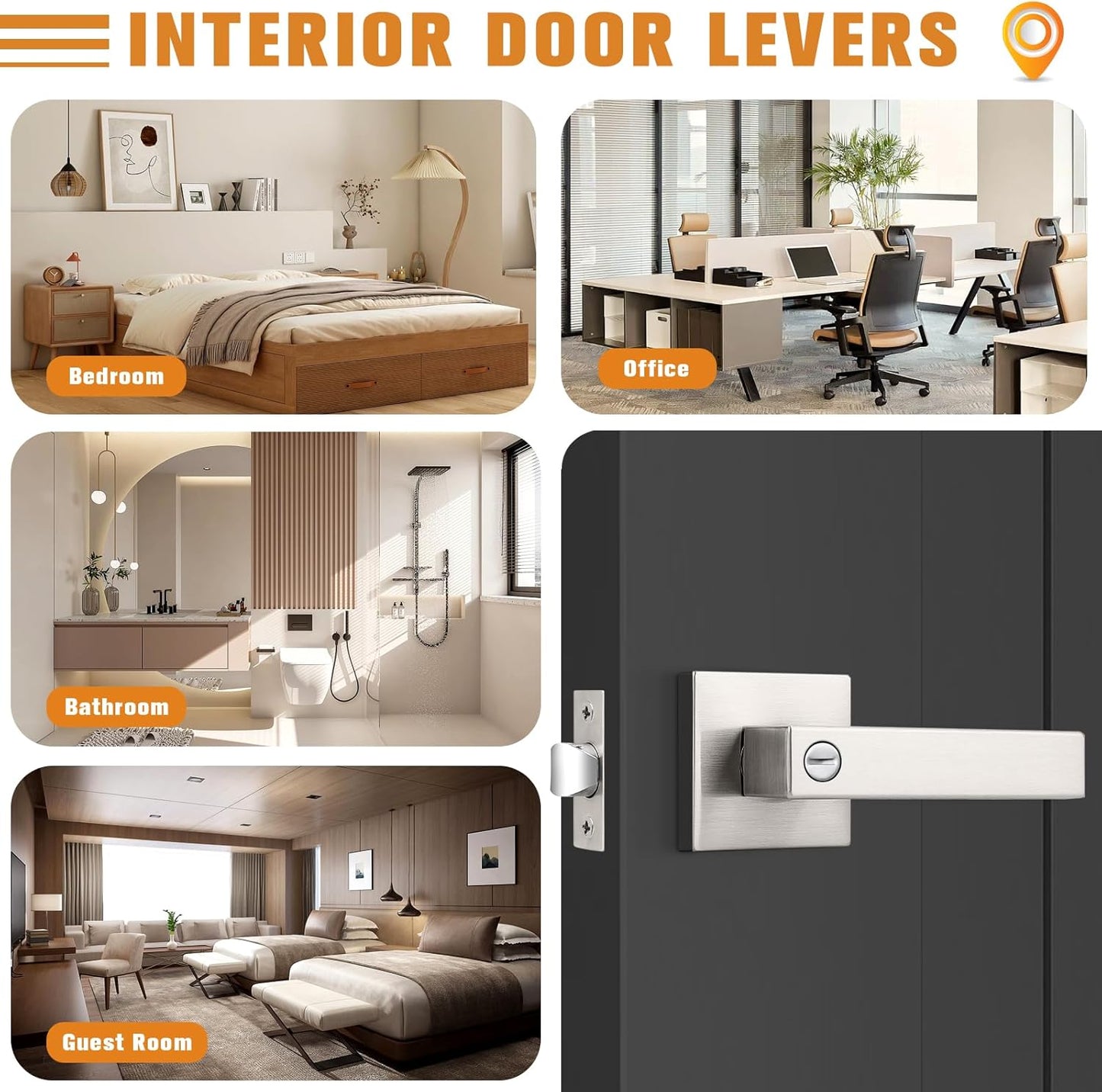 Probrico Interior Brushed Nickel Door Handle, Heavy Duty, Flat Square Privacy Door Handles, Keyless Door Levers Lockset for Bedroom and Bathroom (3 Pack, Modern)