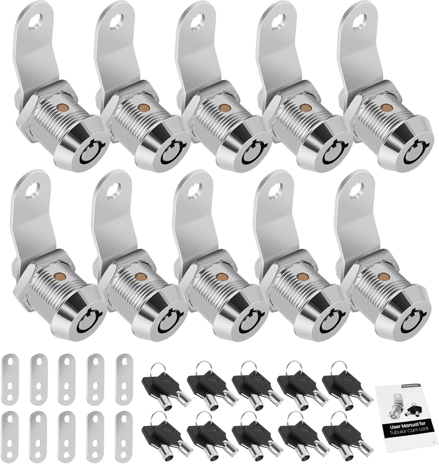 10 Pack Tool Box Lock with Keys, 5/8" Cabinet Lock Cam Lock Keyed Alike, Toolbox Lock Replacement Lock for Mailbox RV Storage Door with Manual, Zinc Alloy (10Pack，5/8 Inch)