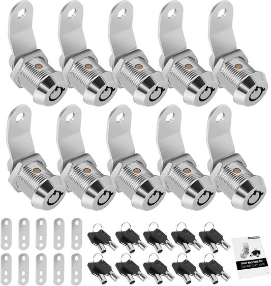 10 Pack Tool Box Lock with Keys, 5/8" Cabinet Lock Cam Lock Keyed Alike, Toolbox Lock Replacement Lock for Mailbox RV Storage Door with Manual, Zinc Alloy (10Pack，5/8 Inch)