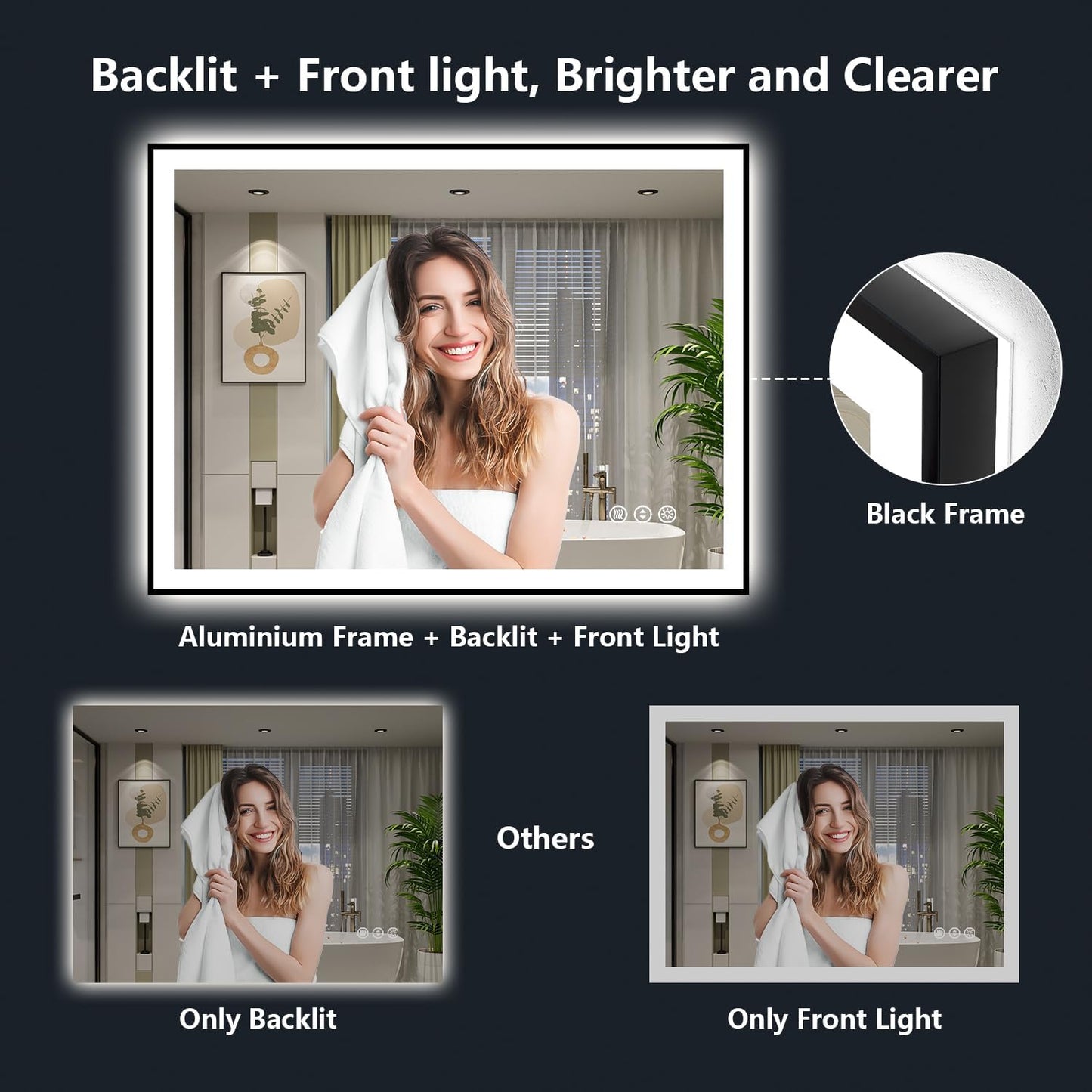55x30 Inch LED Bathroom Mirror with Lights (Front Lit and Backlit) Black Framed Lighted Vanity Mirror for Bathroom Wall Dimmable Anti-Fog Memory Tempered Glass Horizontal/Vertical