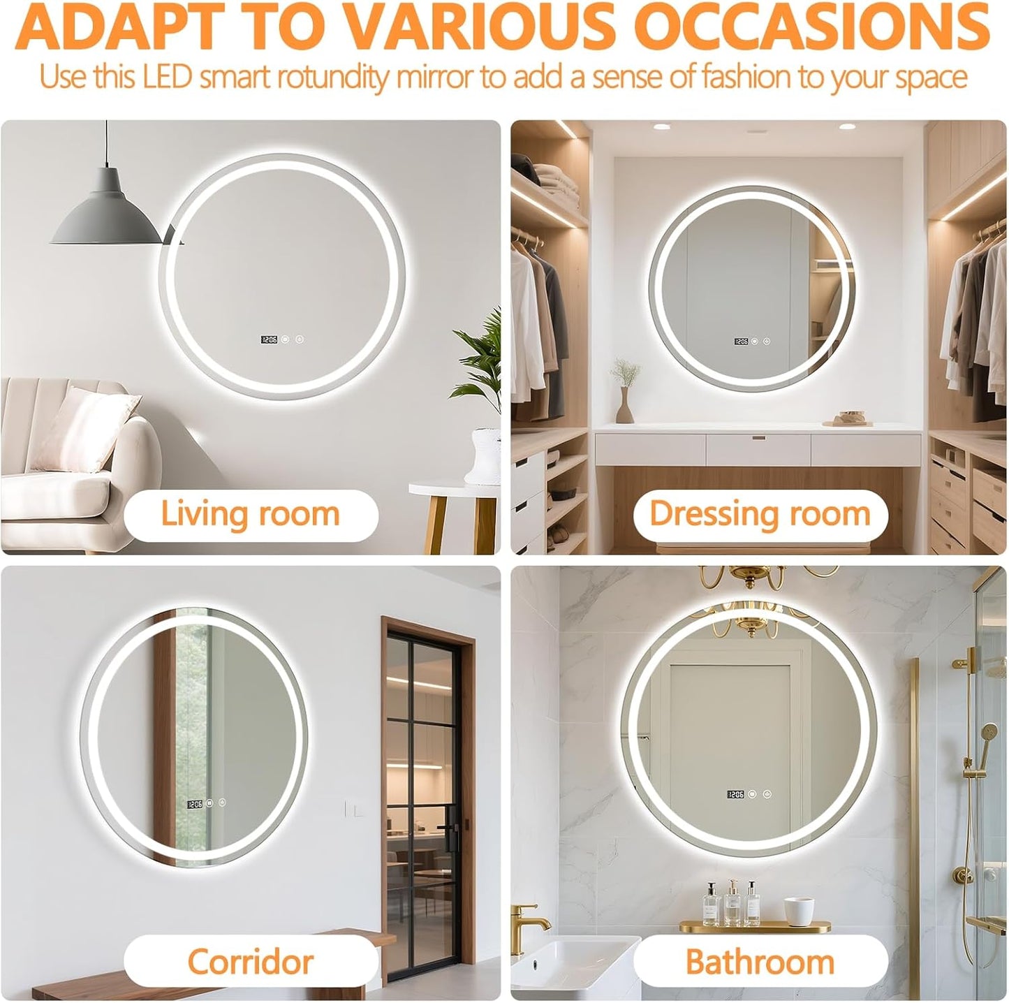 24" Round LED Bathroom Mirror with Anti-Fog & Touch Switch - 60x60cm Wall-Mounted Makeup Vanity Mirror, No Drilling Required, Smart Display Bathroom Mirror