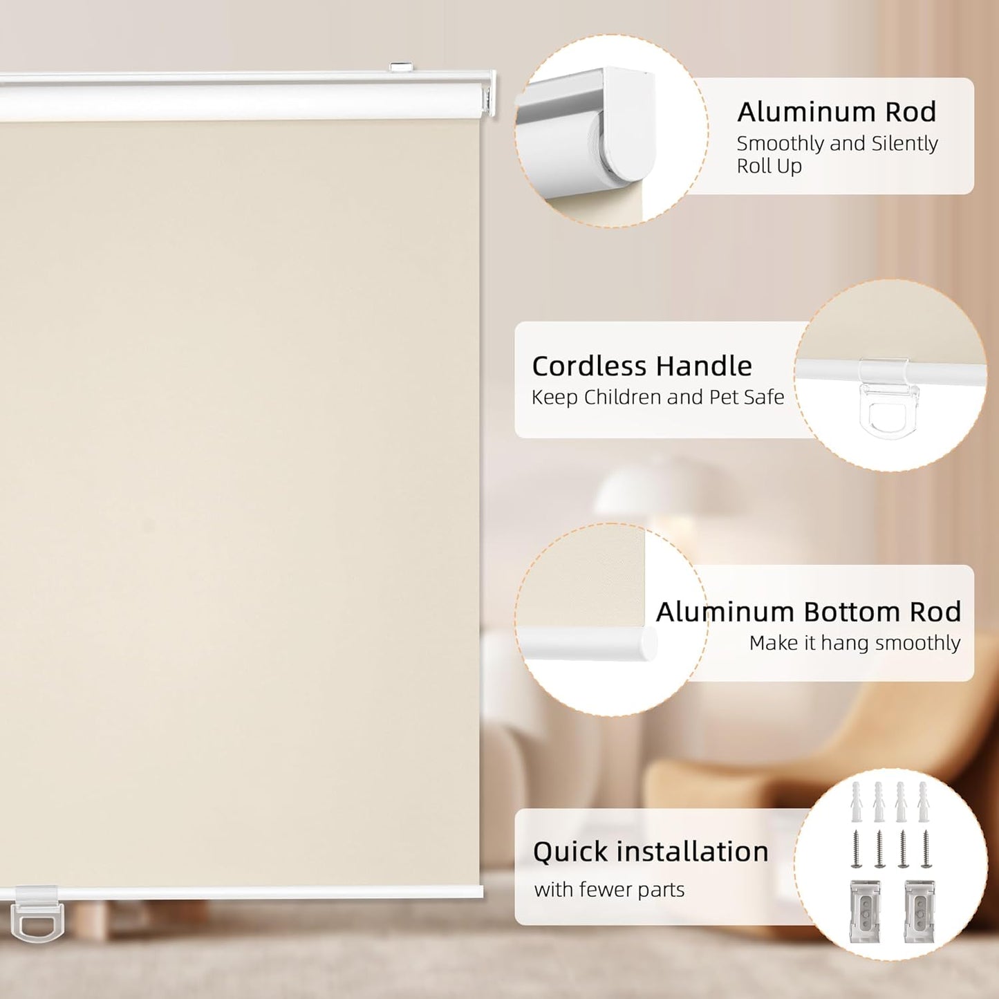 ChrisDowa Cordless Blackout Roller Shades for Windows, Thermal Insulated UV Protection Pull Down Shades, Total Blackout Window Blinds for Home, Office, Bedroom, Door (52" W x 72" H, Beige)